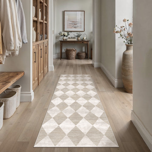BERTHMEER 2'x6' Rhombus Checkered Runner Rugs for Hallway Entryway Bathroom Bedroom Kitchen Non Slip Washable Geometric Modern Contemporary Runner Rugs,Beige