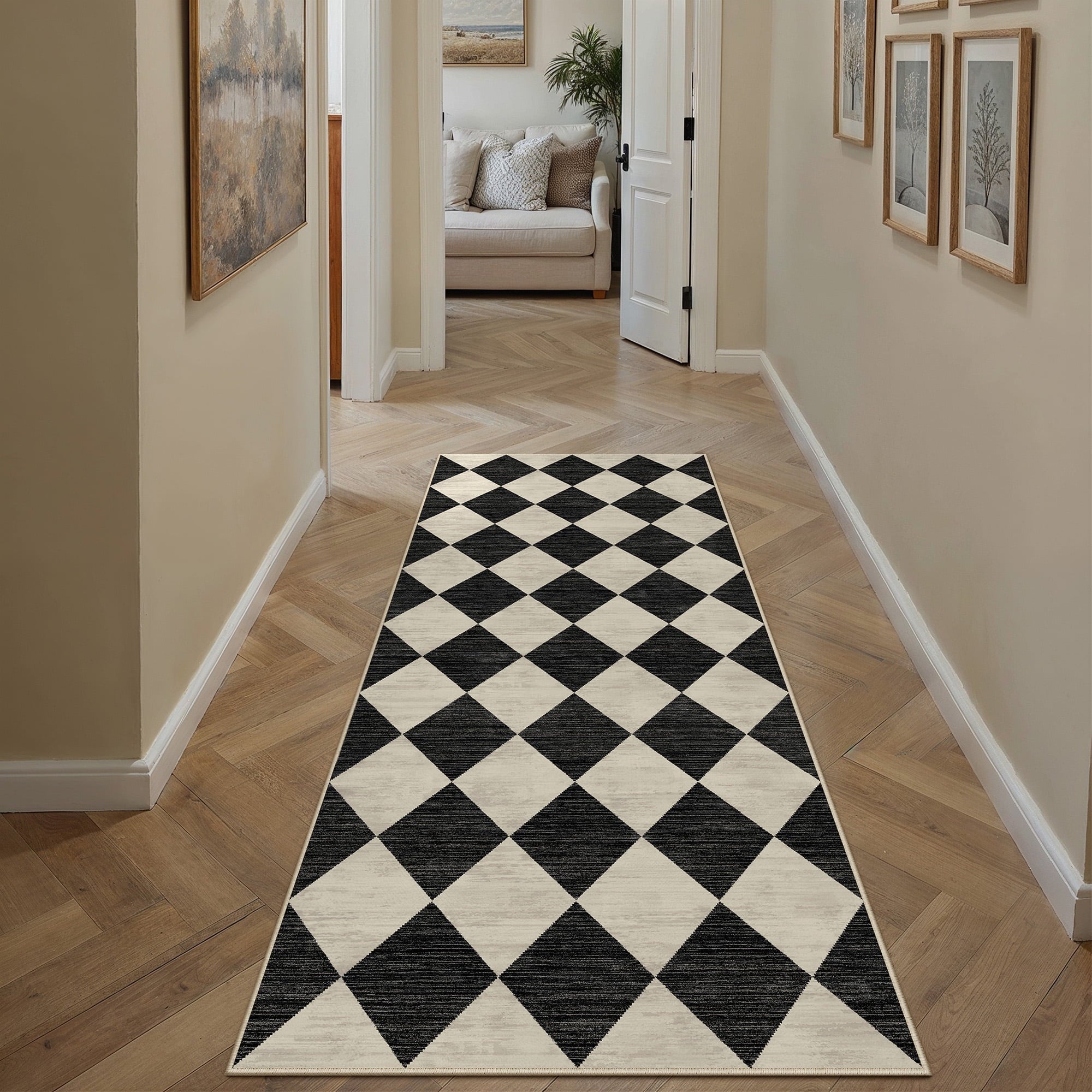 BERTHMEER 2'x6' Rhombus Checkered Runner Rugs for Hallway Entryway Bathroom Bedroom Kitchen Non Slip Washable Geometric Modern Contemporary Runner Rugs,Beige