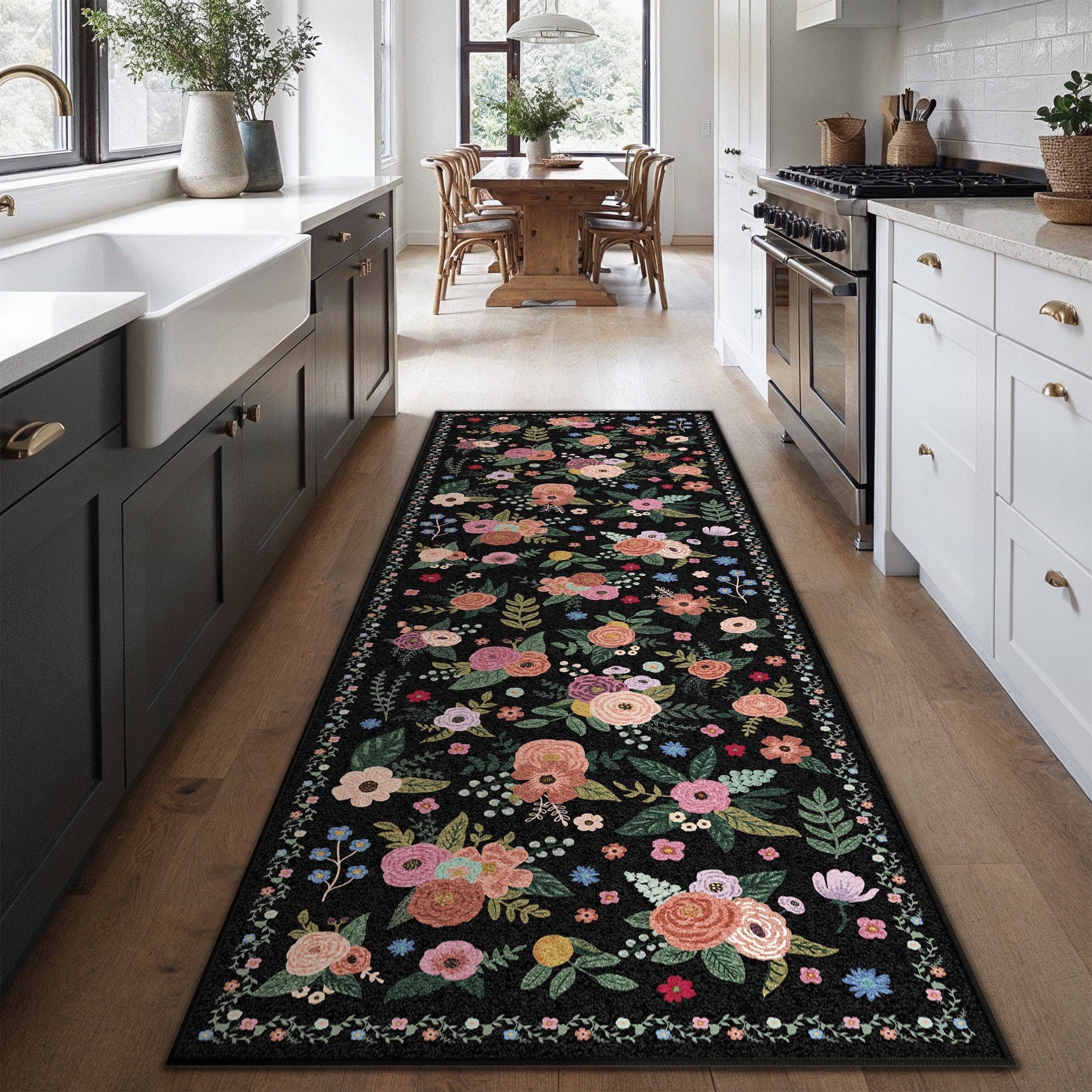 BERTHMEER Large 8'x10' Area Rugs for Living Room Rugs for Bedroom Kitchen Office Rugs Vintage Green Floral Carpets Machine Washable Farmhouse Dining Room Oriental Flower Non Slip Rugs, Multicolor
