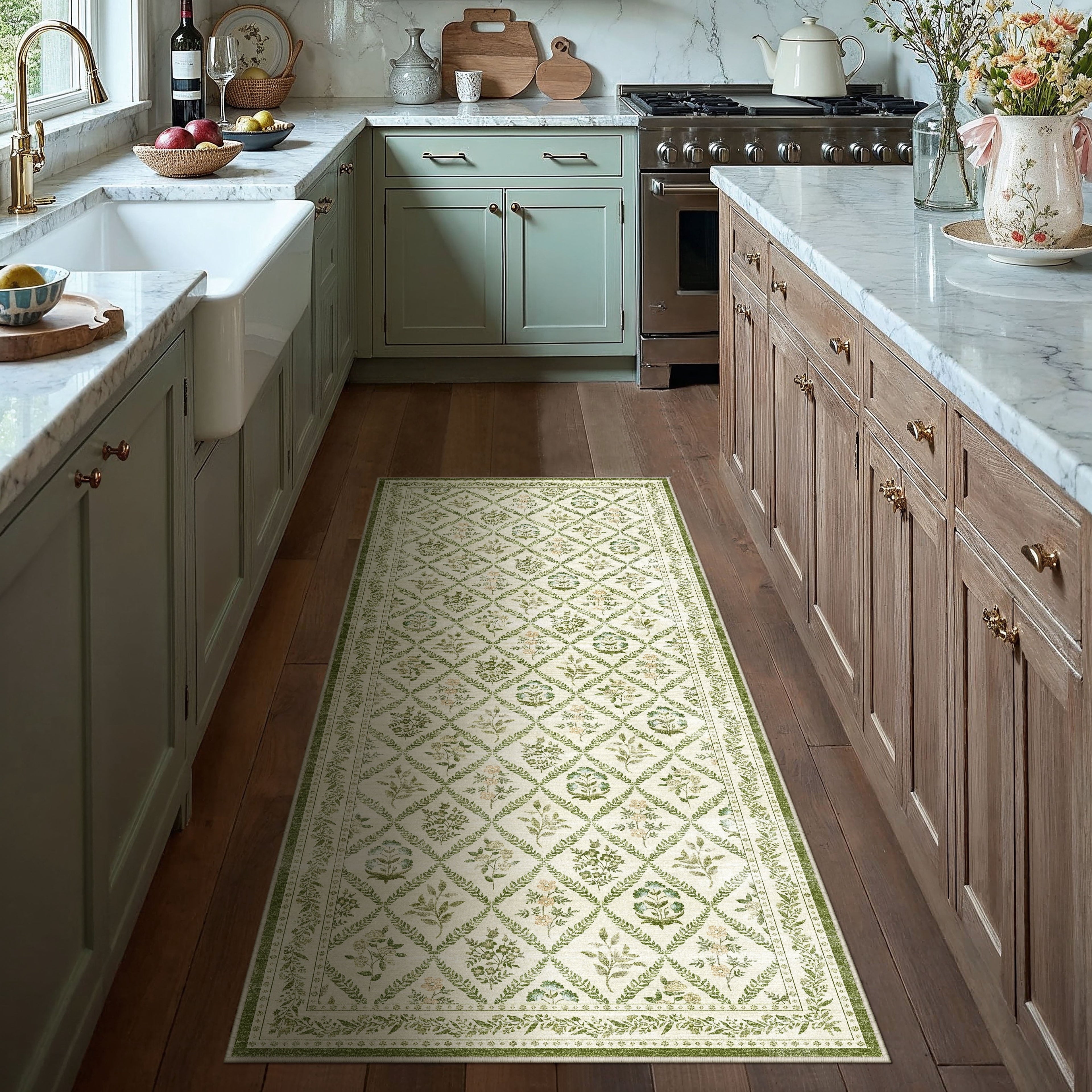 BERTHMEER Large 8'x10' Area Rugs for Living Room Rugs for Bedroom Kitchen Office Rugs Vintage Green Floral Carpets Machine Washable Farmhouse Dining Room Oriental Flower Non Slip Rugs, Multicolor