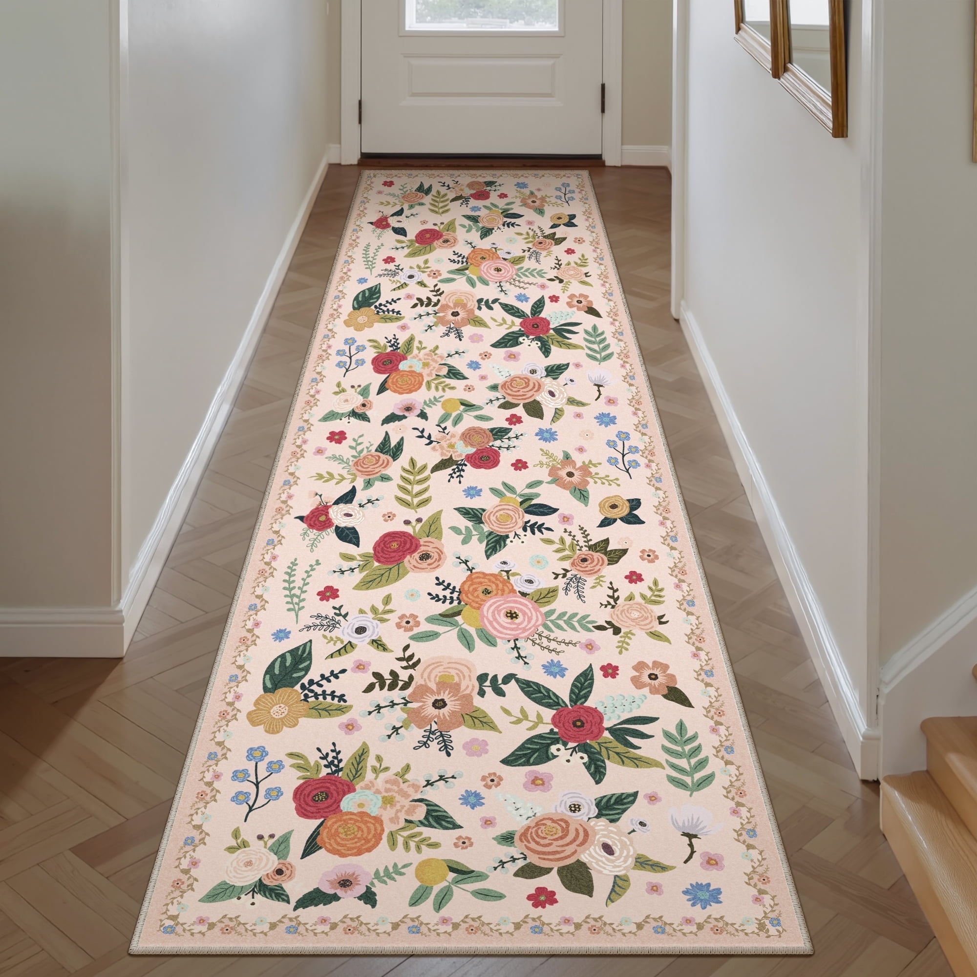 BERTHMEER Large 8'x10' Area Rugs for Living Room Rugs for Bedroom Kitchen Office Rugs Vintage Green Floral Carpets Machine Washable Farmhouse Dining Room Oriental Flower Non Slip Rugs, Multicolor