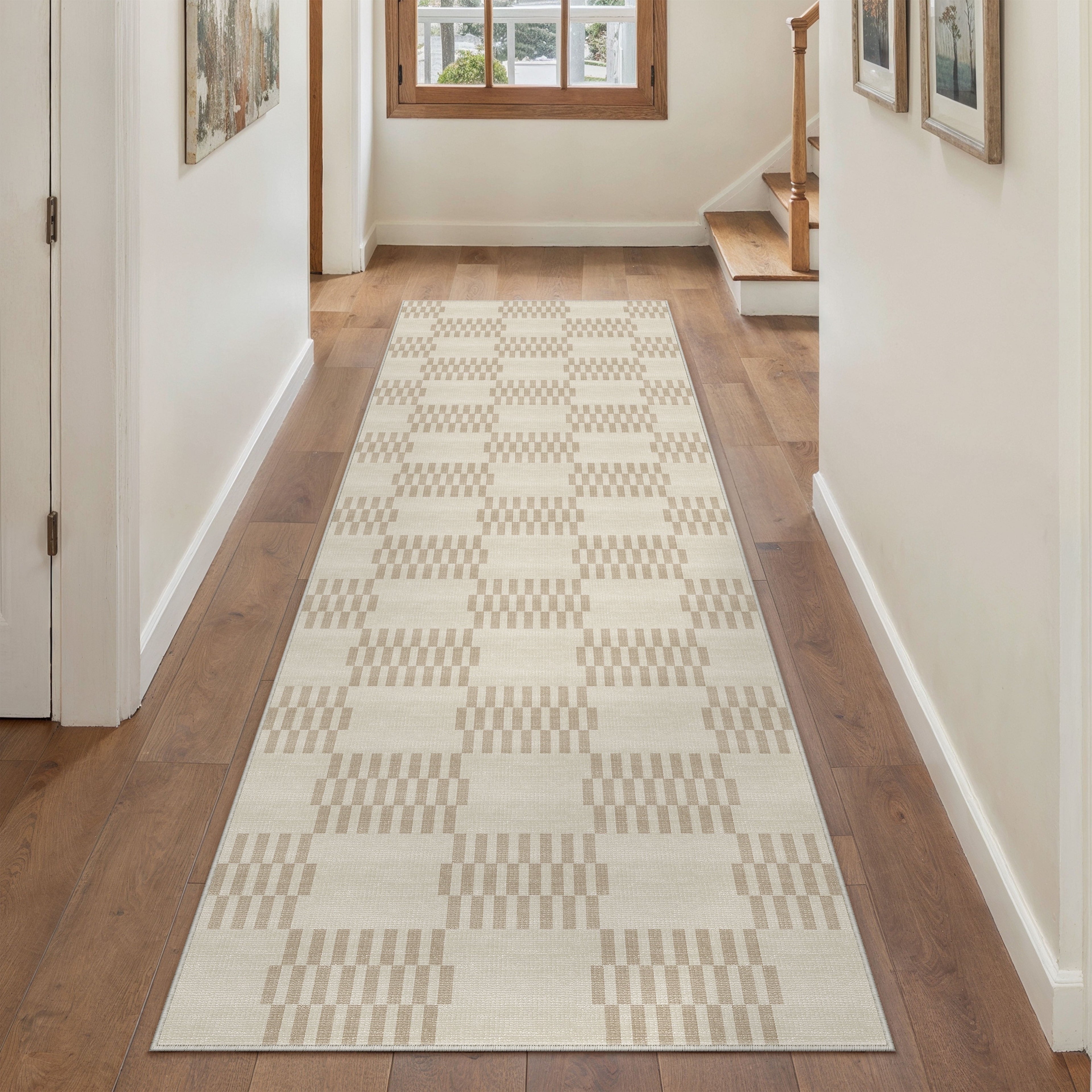 BERTHMEER 2'x6' Rhombus Checkered Runner Rugs for Hallway Entryway Bathroom Bedroom Kitchen Non Slip Washable Geometric Modern Contemporary Runner Rugs,Beige
