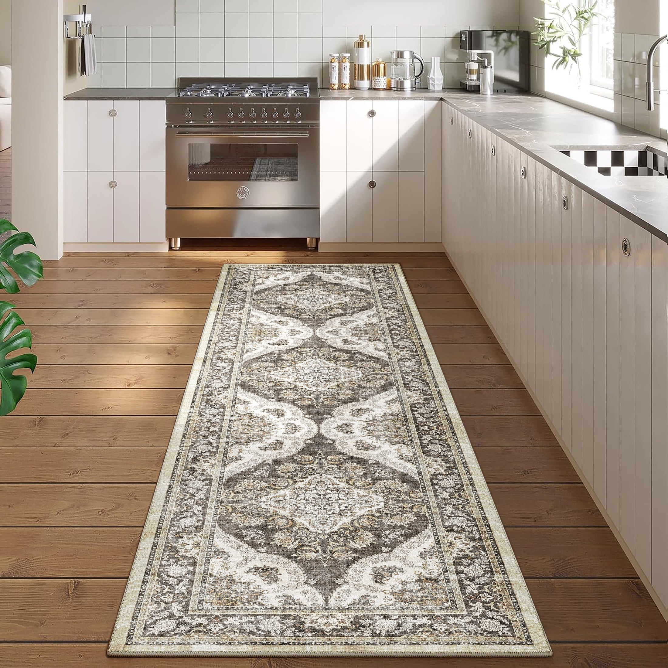 BERTHMEER 8'x10' Washable Large Area Rugs indoor Vintage Oriental Distressed Rugs Carpets for Living Room Bedroom Dining Room Office Throw Rugs Non-slip, Gray