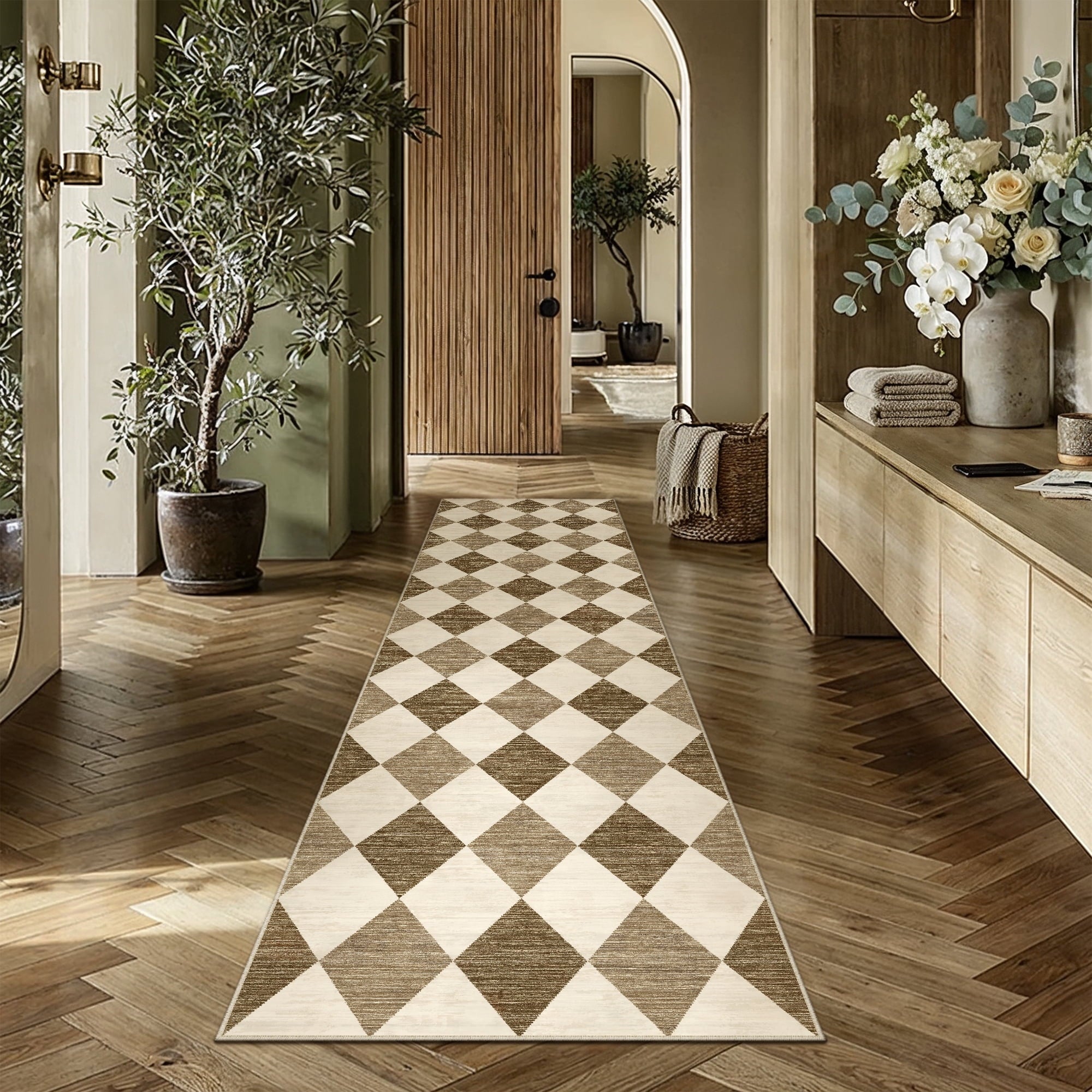 BERTHMEER 2'x6' Rhombus Checkered Runner Rugs for Hallway Entryway Bathroom Bedroom Kitchen Non Slip Washable Geometric Modern Contemporary Runner Rugs,Beige