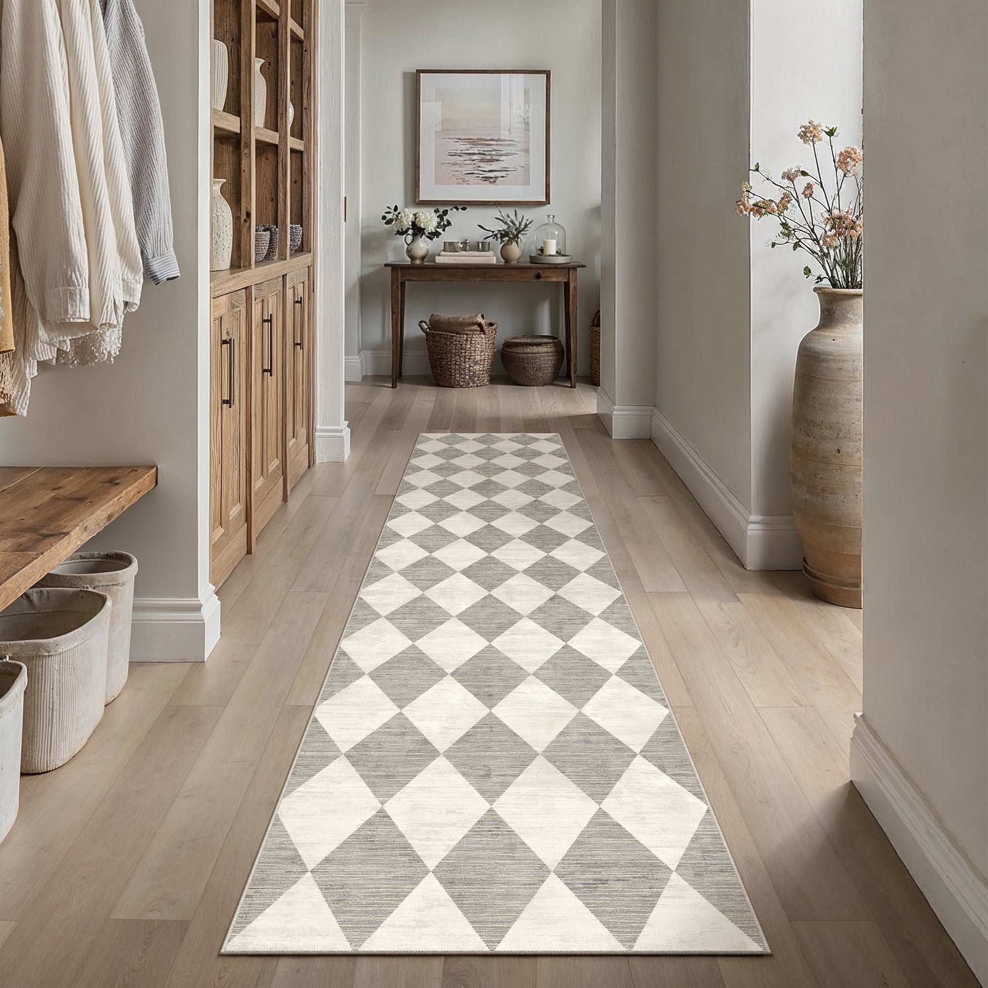 BERTHMEER 2'x6' Rhombus Checkered Runner Rugs for Hallway Entryway Bathroom Bedroom Kitchen Non Slip Washable Geometric Modern Contemporary Runner Rugs,Beige