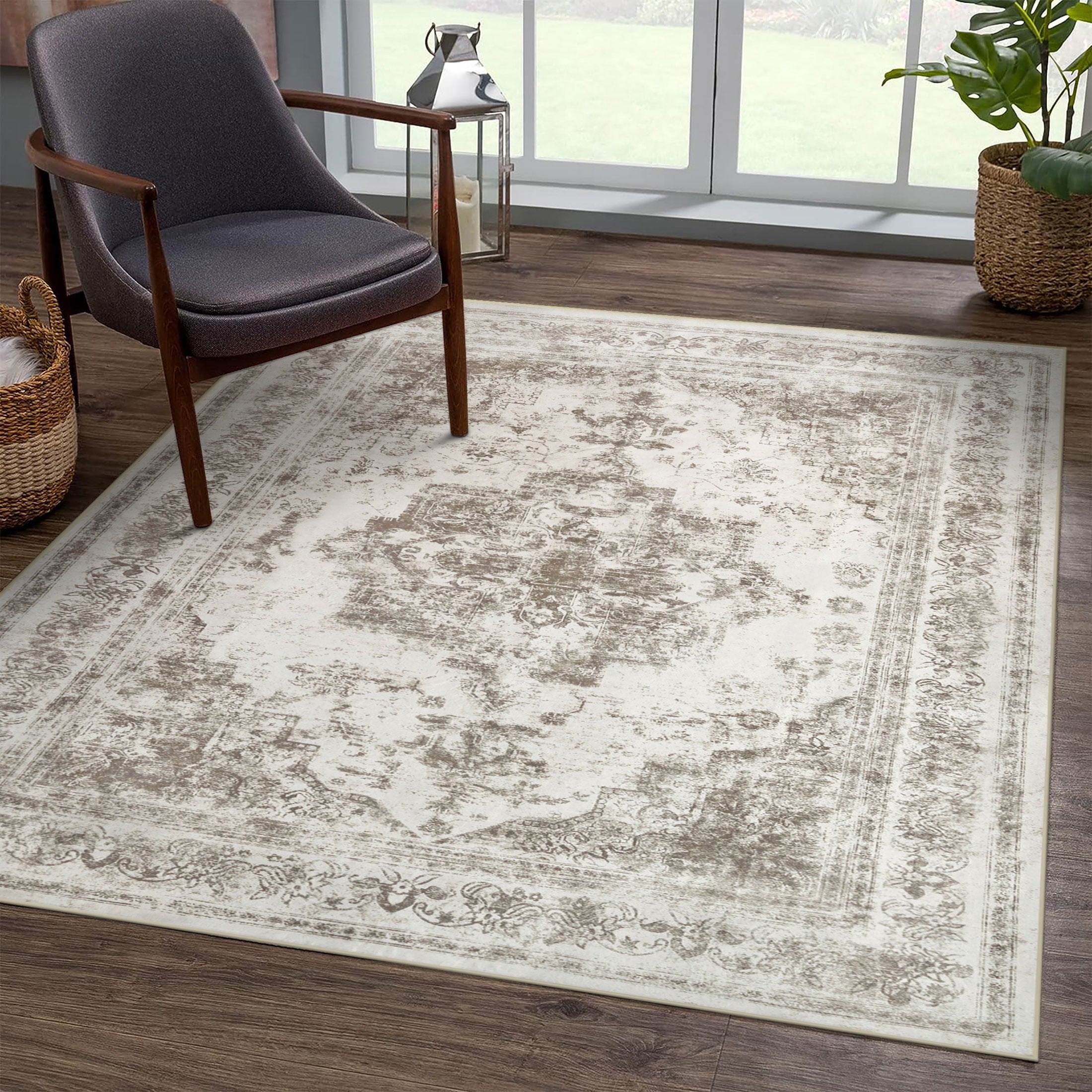 BERTHMEER 8'x10' Washable Large Area Rugs indoor Vintage Oriental Distressed Rugs Carpets for Living Room Bedroom Dining Room Office Throw Rugs Non-slip, Gray