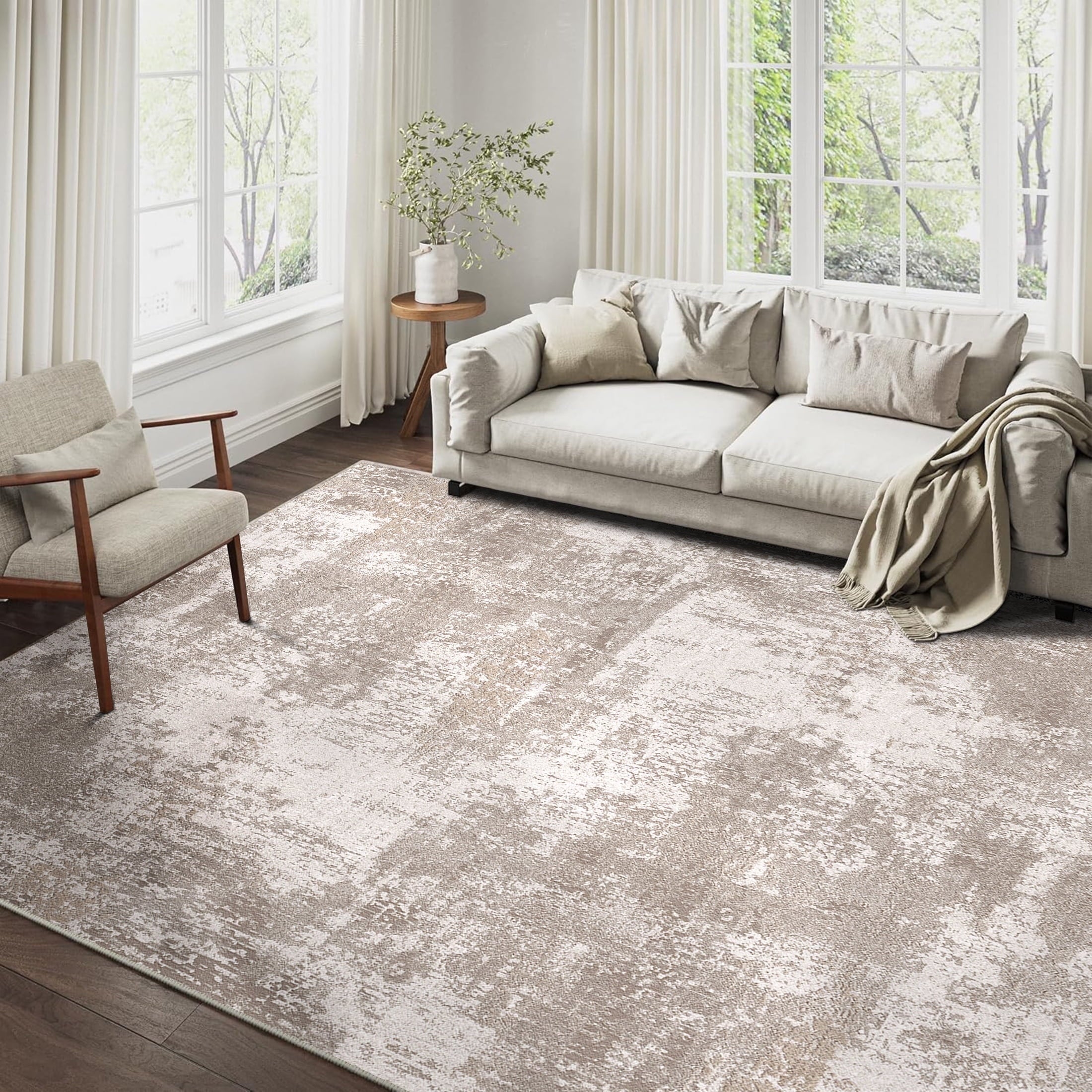 BERTHMEER 5'x7' Area Rugs for Living Room Light Brown Beige Rugs for Bedroom Kitchen Non Slip Washable Modern Contemporary Geometric Carpets Home Office Dorm Dining Room Striped Pattern Throw Rugs