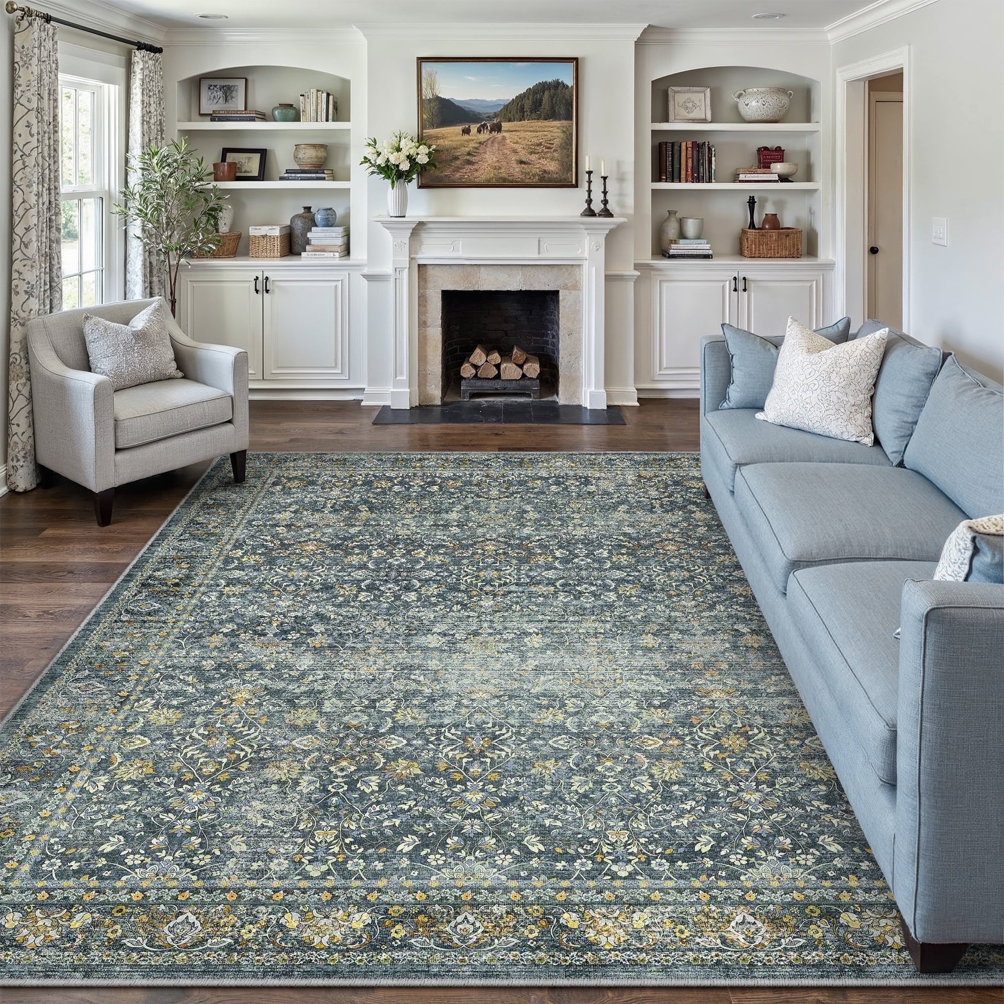 BERTHMEER 8'x10' Area Rugs for Living Room Vintage Brown Rugs for Bedroom Home Office Machine Washable Large Farmhouse Dining Room Oriental Rugs Non Slip Traditional Distressed Carpets