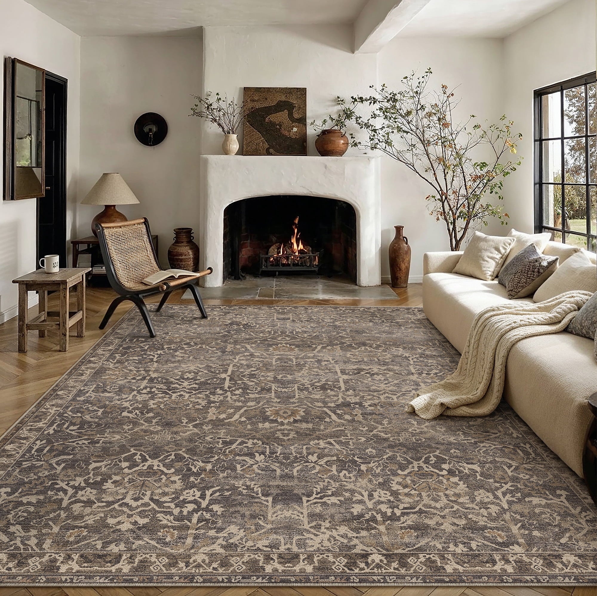 BERTHMEER 8'x10' Area Rugs for Living Room Vintage Brown Rugs for Bedroom Home Office Machine Washable Large Farmhouse Dining Room Oriental Rugs Non Slip Traditional Distressed Carpets