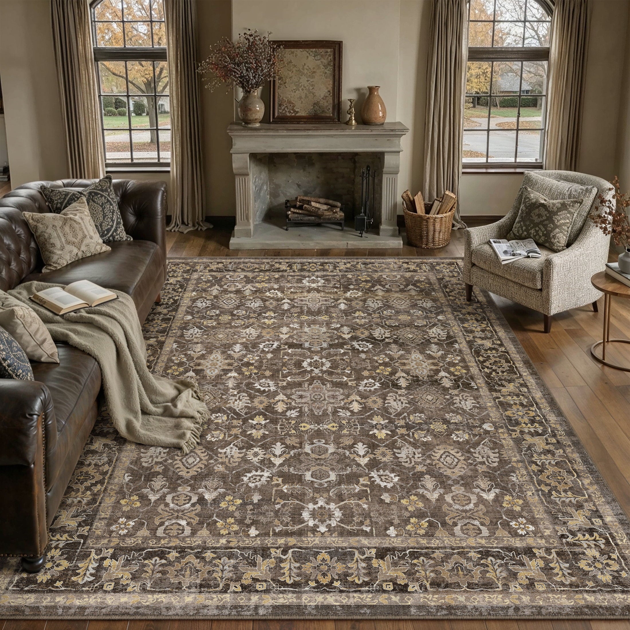 BERTHMEER 8'x10' Area Rugs for Living Room Bedroom Vintage Brown Carpets Kitchen Office Machine Washable Farmhouse Dining Room Oriental Rugs Non Slip Traditional Distressed Rugs