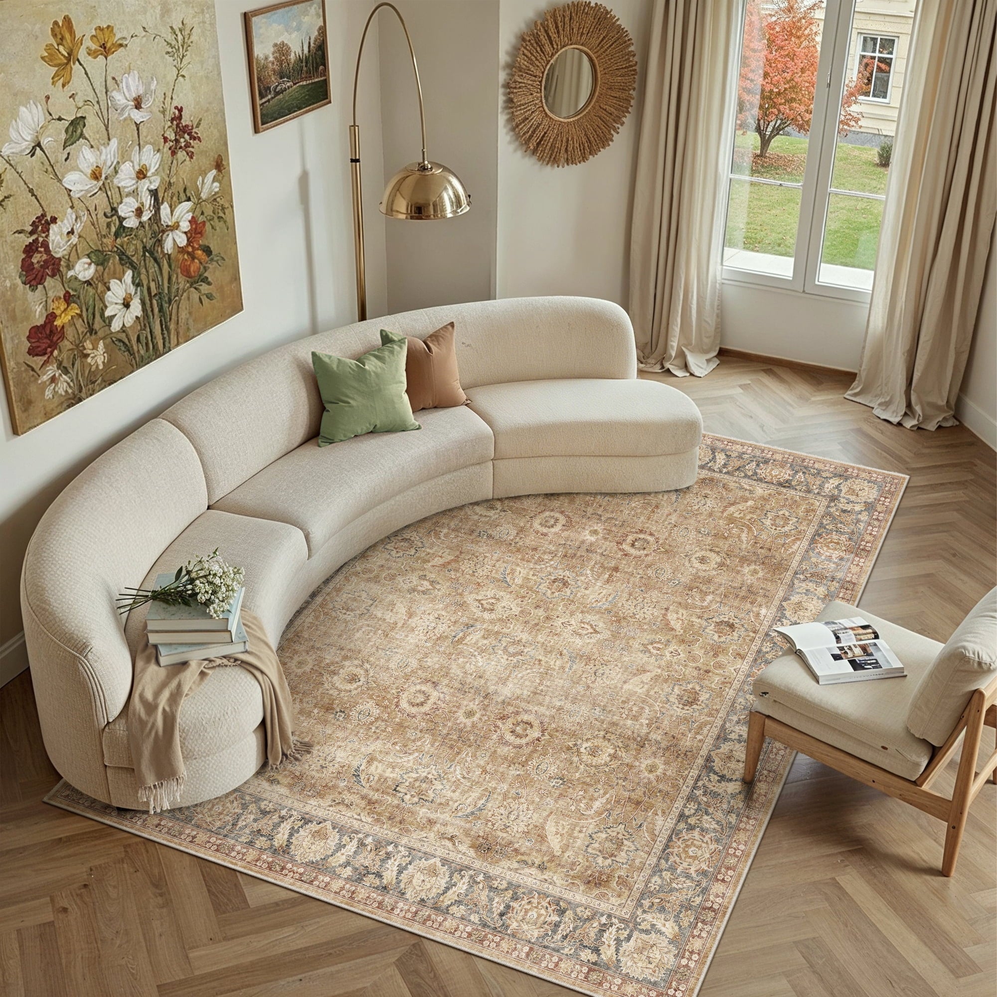 BERTHMEER 8'x10' Area Rugs for Living Room Vintage Brown Carpets for Bedroom Office Machine Washable Large Farmhouse Dining Room Oriental Rugs Non Slip Traditional Distressed Rugs