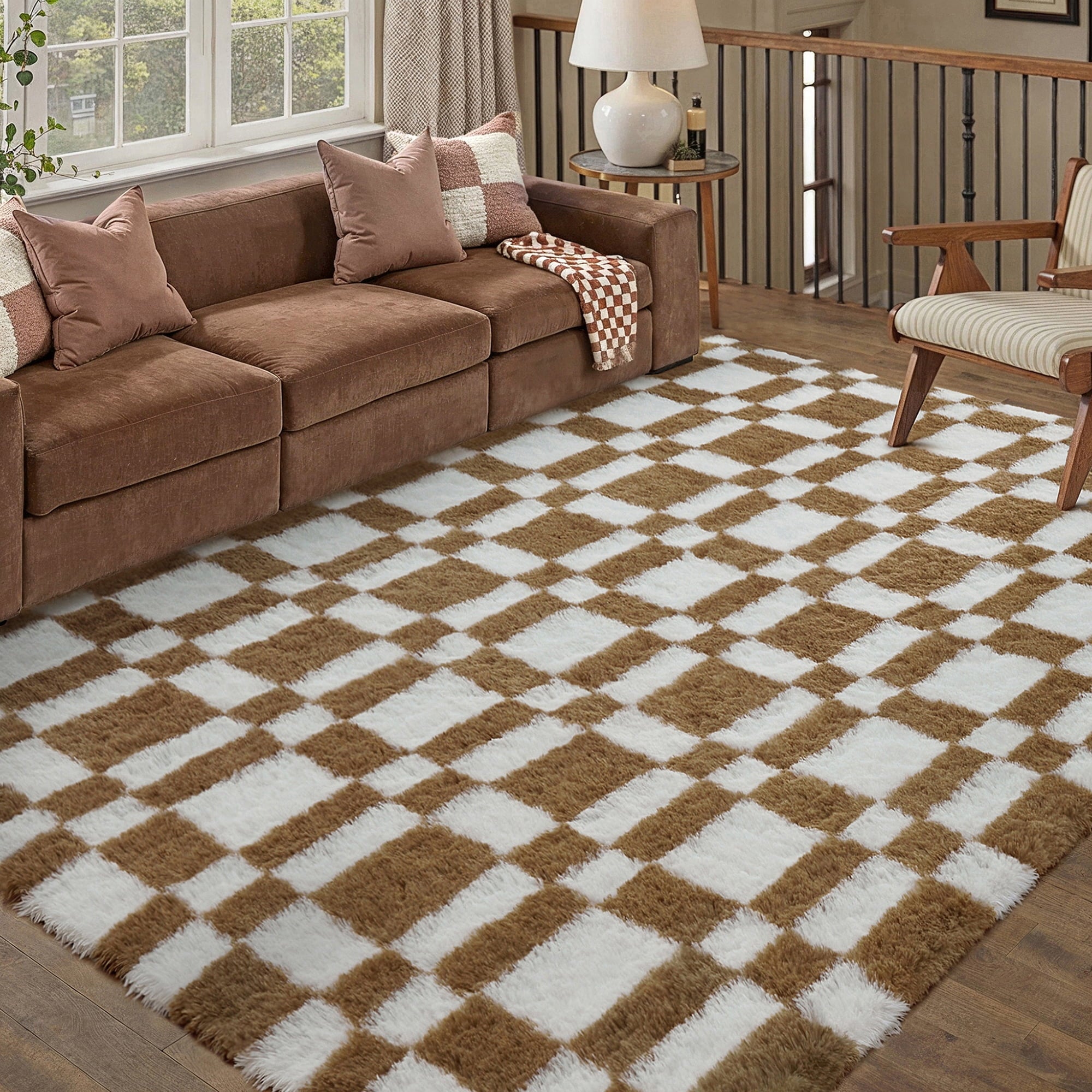 BERTHMEER 8'x10' Checkered Rug for Living Room, Modern Colorful Checkerboard Shag Rug Non-Slip Large Area Rug Soft Indoor Fluffy Rugs for Bedroom Carpet Home Dorm Aesthetic Decor