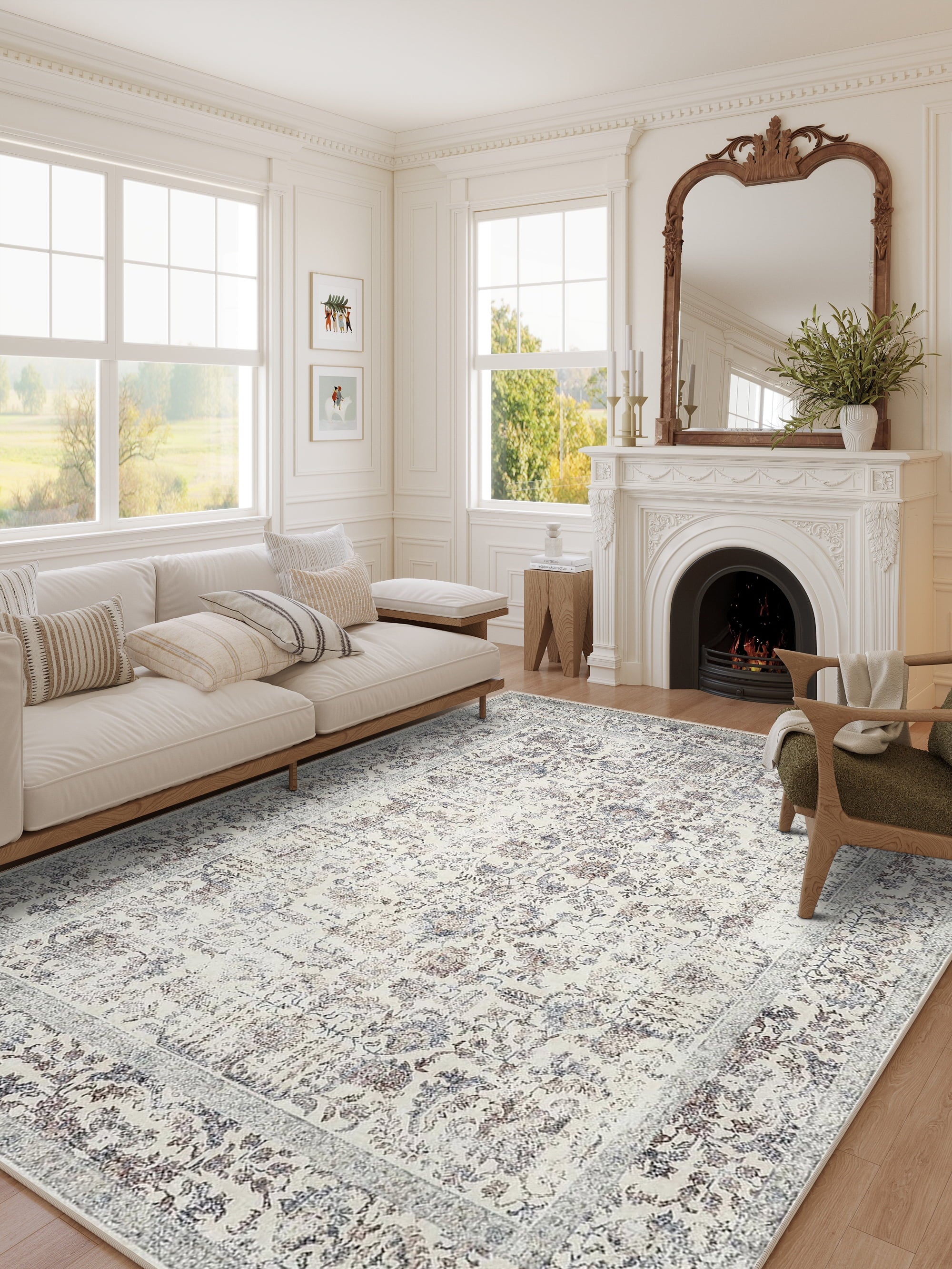 BERTHMEER 8'x10' Washable Large Area Rugs indoor Vintage Oriental Distressed Rugs Carpets for Living Room Bedroom Dining Room Office Throw Rugs Non-slip, Gray