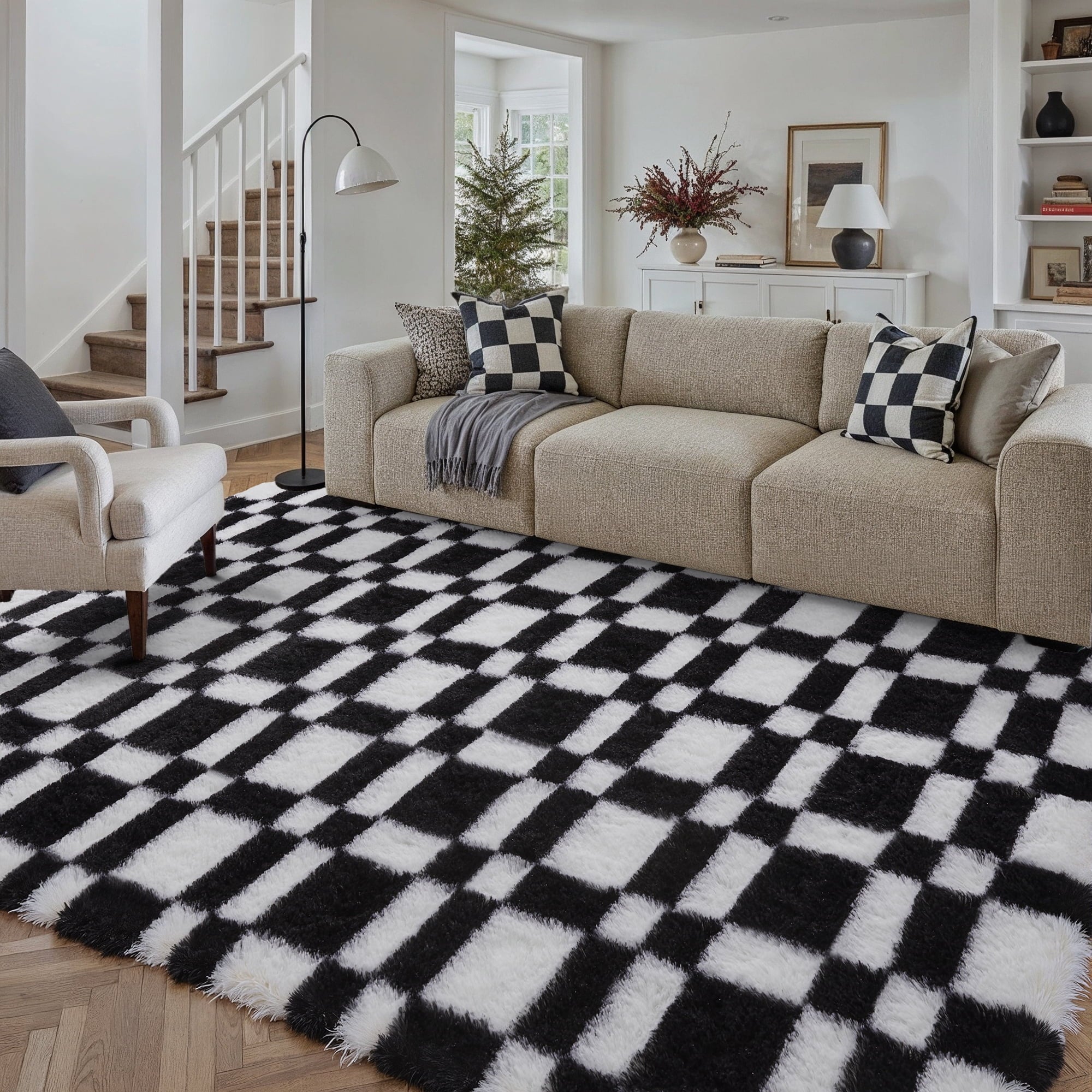 BERTHMEER 8'x10' Checkered Rug for Living Room, Modern Colorful Checkerboard Shag Rug Non-Slip Large Area Rug Soft Indoor Fluffy Rugs for Bedroom Carpet Home Dorm Aesthetic Decor