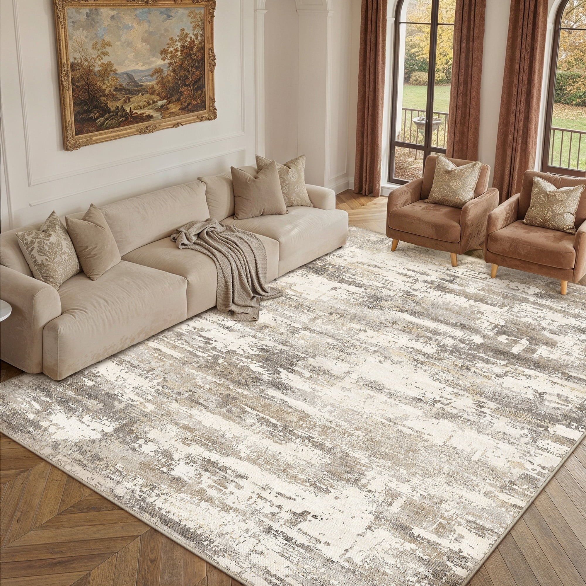 BERTHMEER 5'x7' Area Rugs for Living Room Light Brown Beige Rugs for Bedroom Kitchen Non Slip Washable Modern Contemporary Geometric Carpets Home Office Dorm Dining Room Striped Pattern Throw Rugs