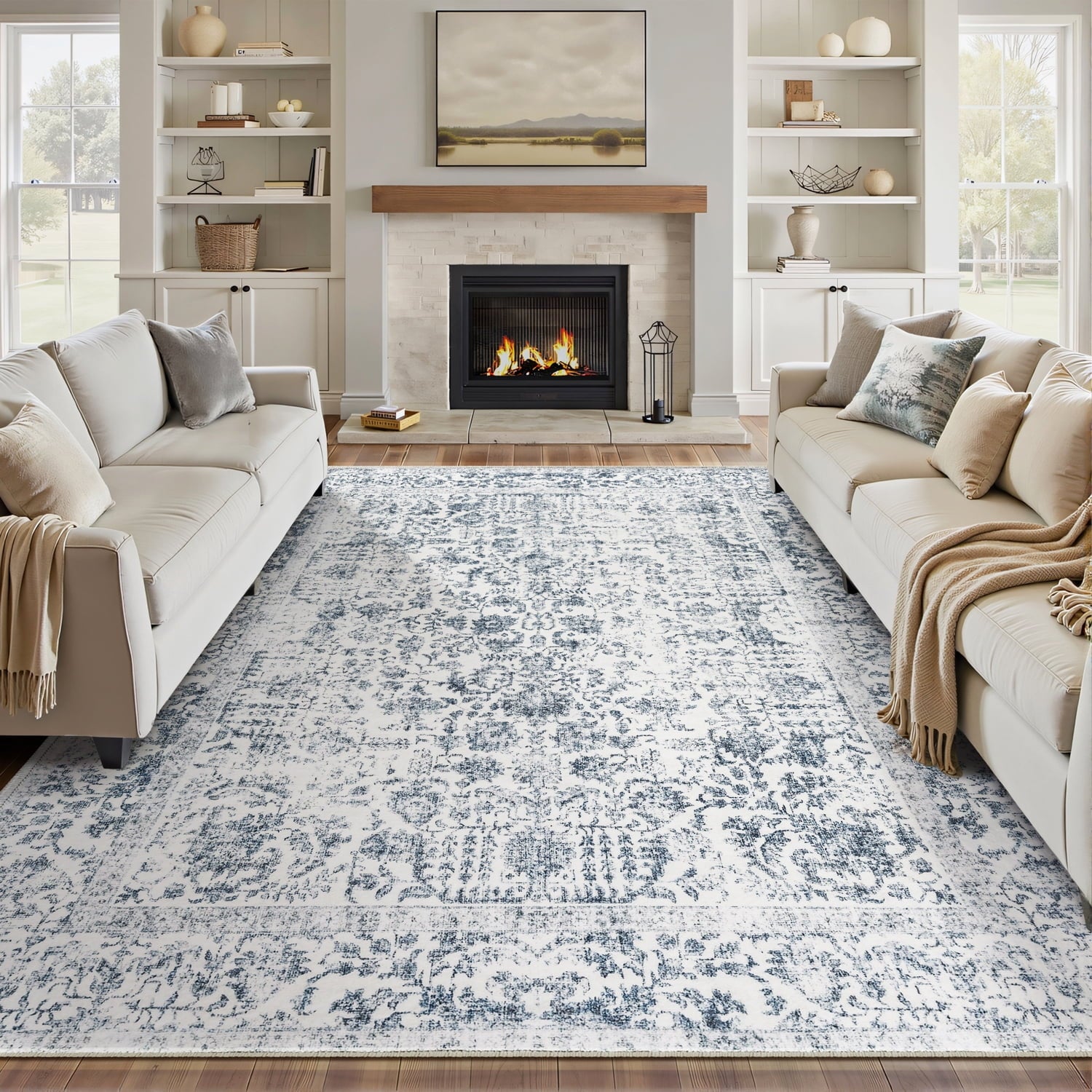 BERTHMEER 8'x10' Washable Large Area Rugs indoor Vintage Oriental Distressed Rugs Carpets for Living Room Bedroom Dining Room Office Throw Rugs Non-slip, Gray