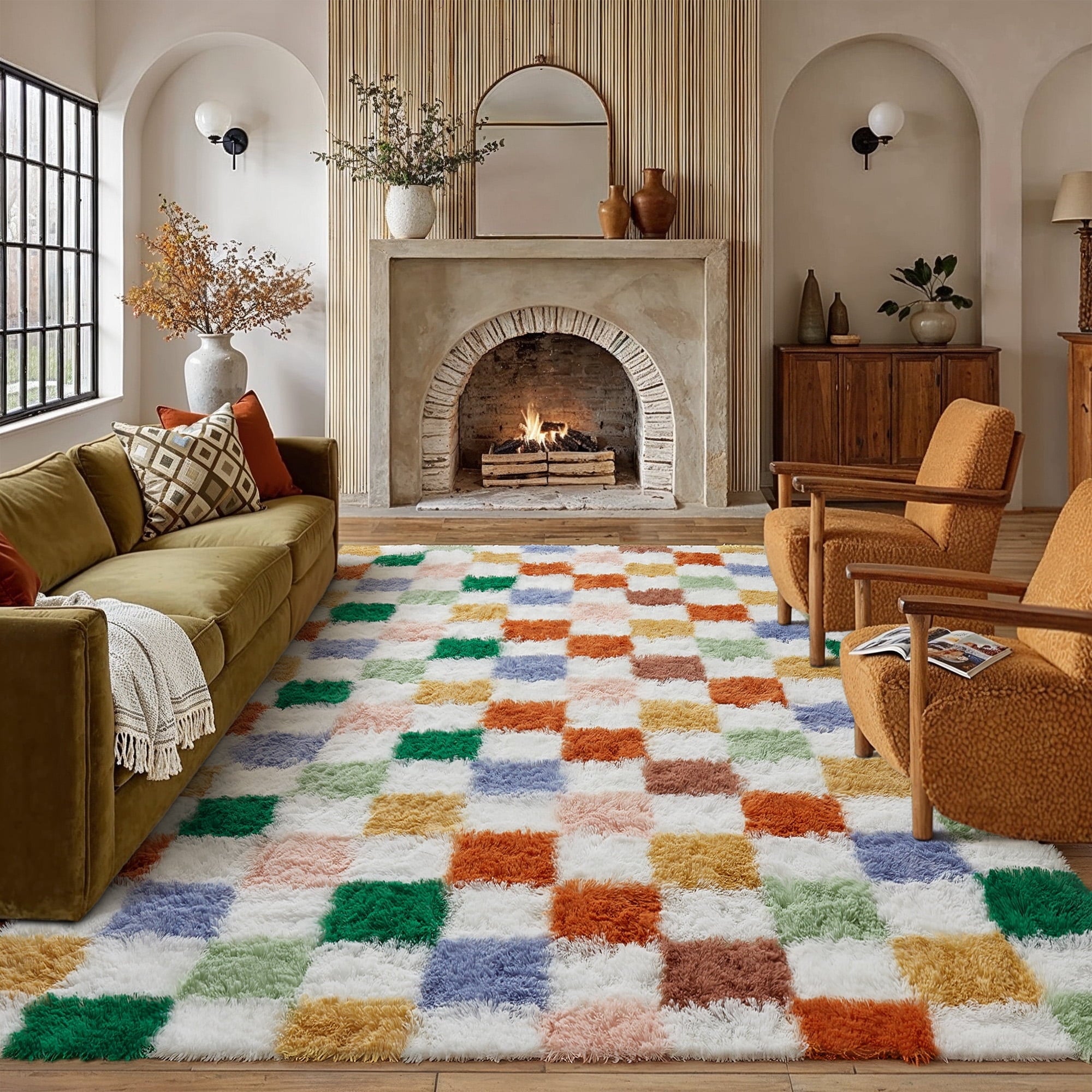 BERTHMEER 8'x10' Shag Ultra-Soft Area Rugs，Fluffy Rugs Carpets for Living Room Bedroom High-Plie Soft Checkered Rugs, Black White