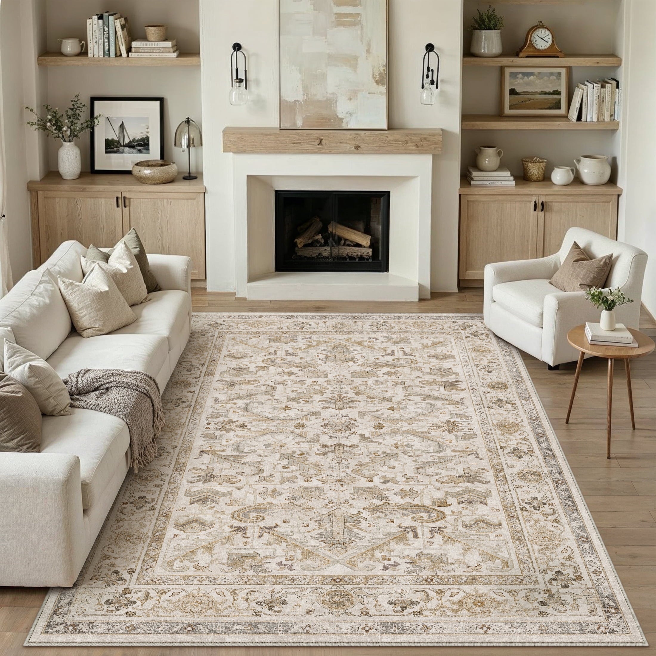 BERTHMEER 8'x10' Area Rugs for Living Room Bedroom Vintage Brown Carpets Kitchen Office Machine Washable Farmhouse Dining Room Oriental Rugs Non Slip Traditional Distressed Rugs