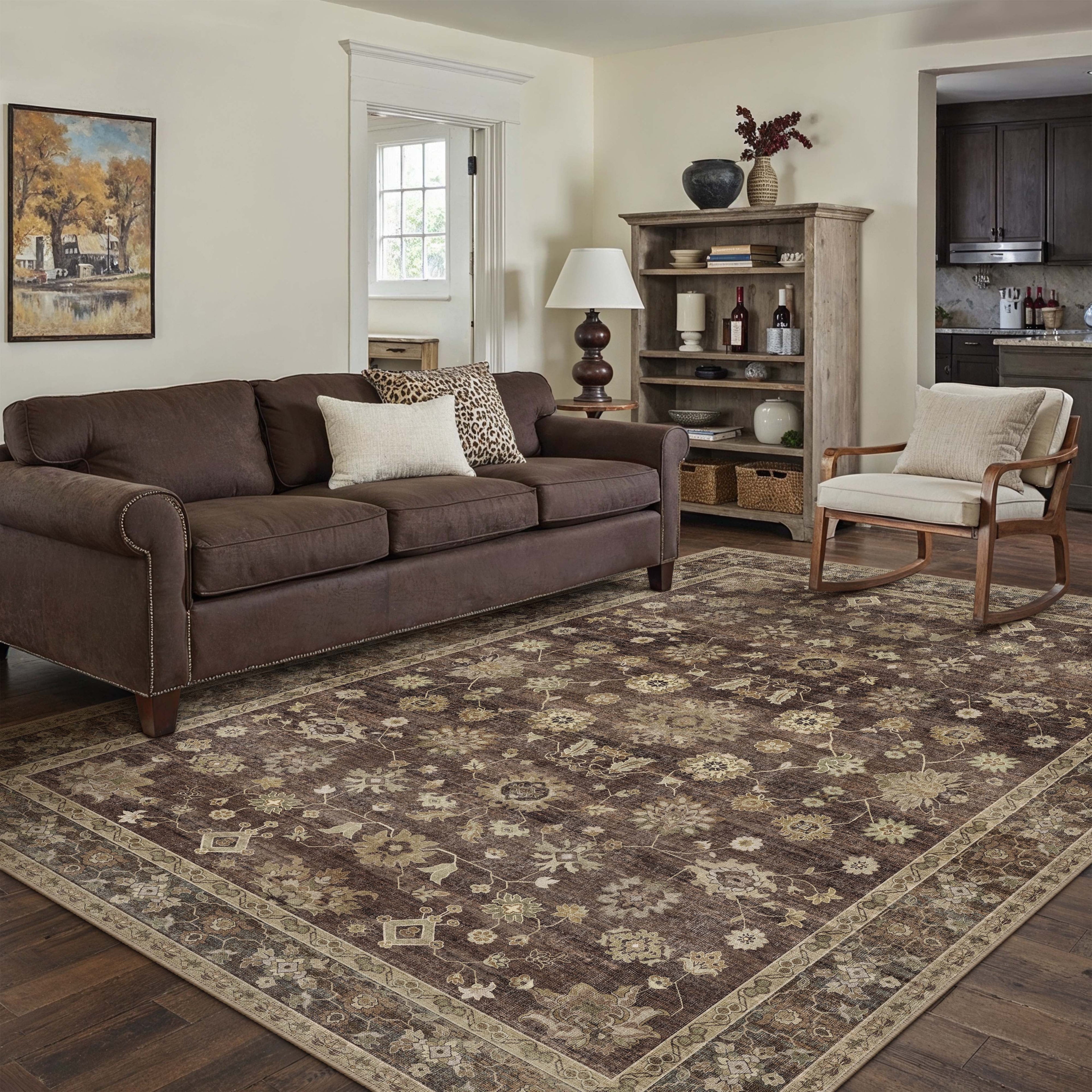 BERTHMEER 8'x10' Area Rugs for Living Room Vintage Brown Rugs for Bedroom Home Office Machine Washable Large Farmhouse Dining Room Oriental Rugs Non Slip Traditional Distressed Carpets