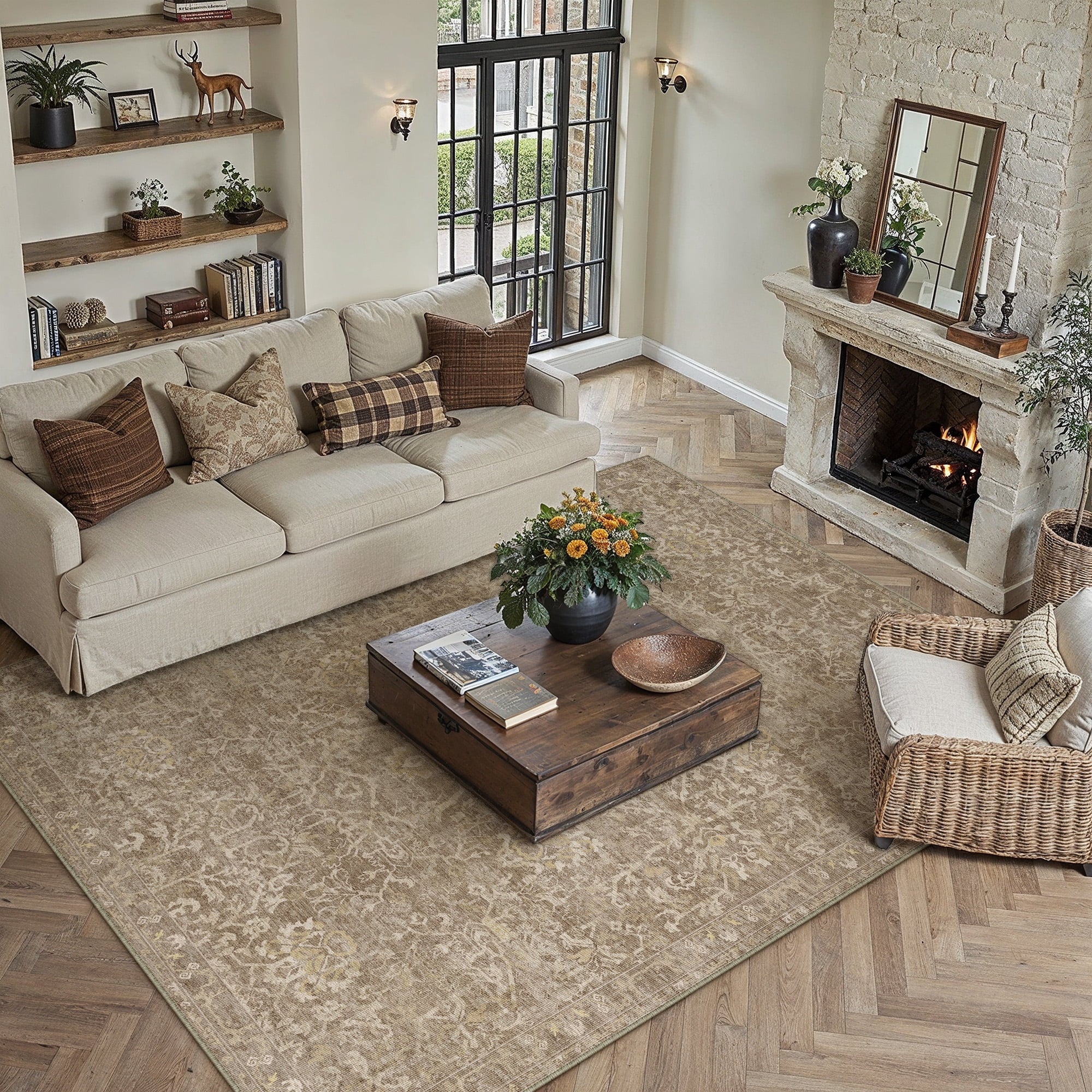 BERTHMEER 8'x10' Area Rugs for Living Room Vintage Brown Rugs for Bedroom Home Office Machine Washable Large Farmhouse Dining Room Oriental Rugs Non Slip Traditional Distressed Carpets