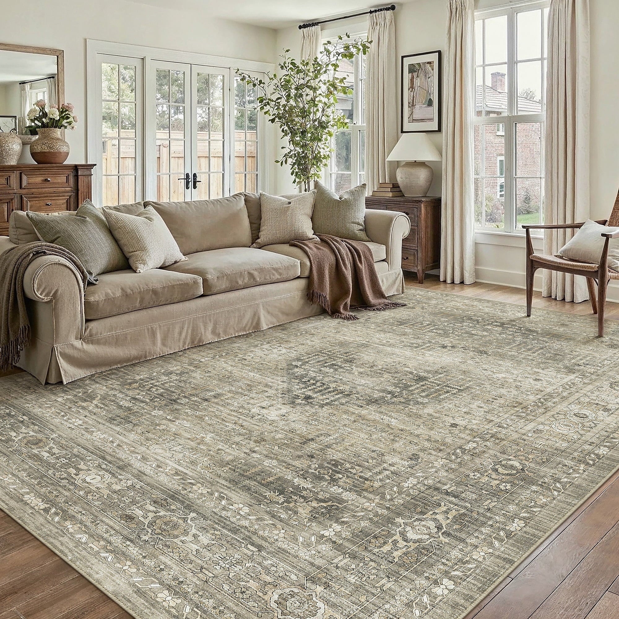 BERTHMEER 8'x10' Area Rugs for Living Room Bedroom Vintage Brown Carpets Kitchen Office Machine Washable Farmhouse Dining Room Oriental Rugs Non Slip Traditional Distressed Rugs