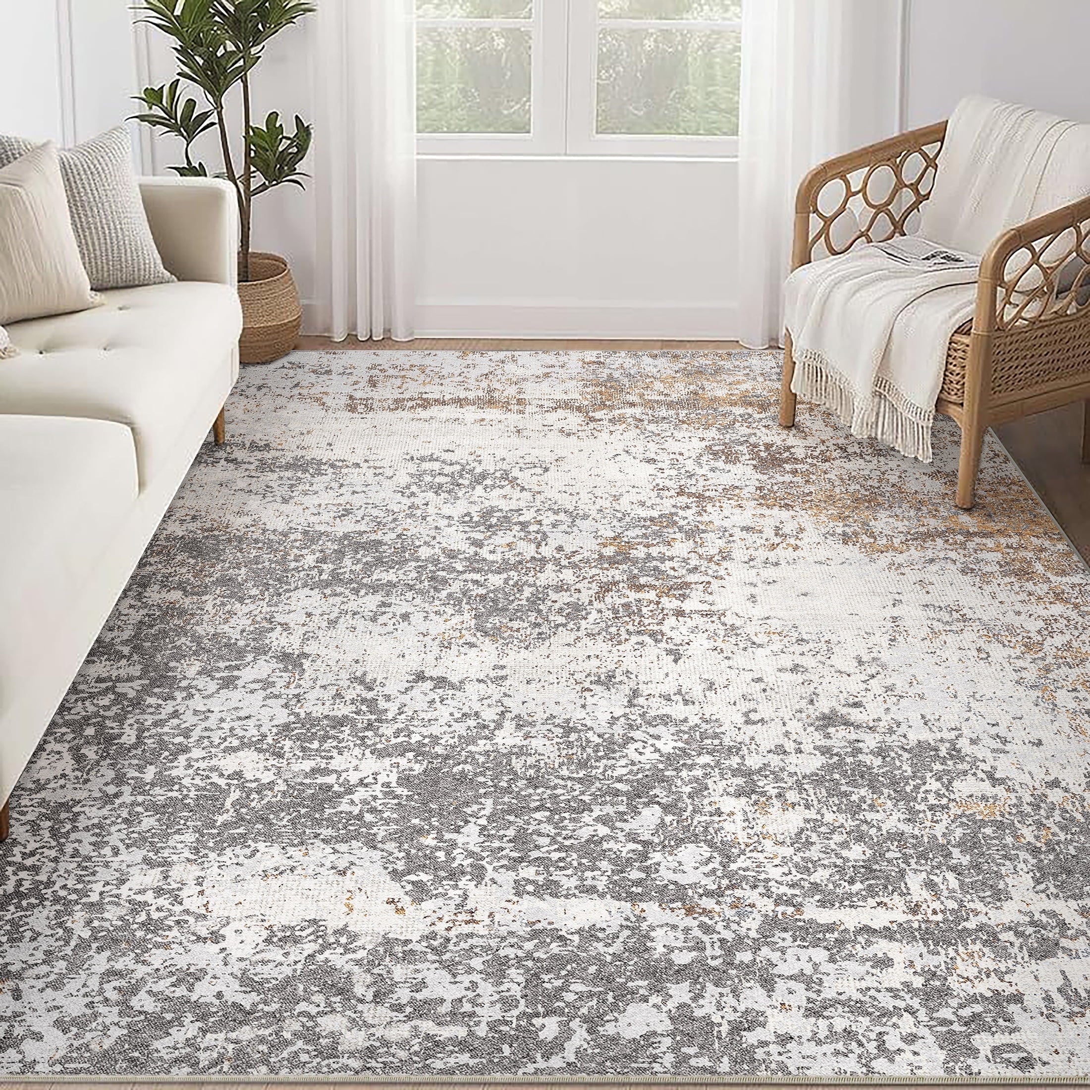 BERTHMEER 5'x7' Area Rugs for Living Room Light Brown Beige Rugs for Bedroom Kitchen Non Slip Washable Modern Contemporary Geometric Carpets Home Office Dorm Dining Room Striped Pattern Throw Rugs