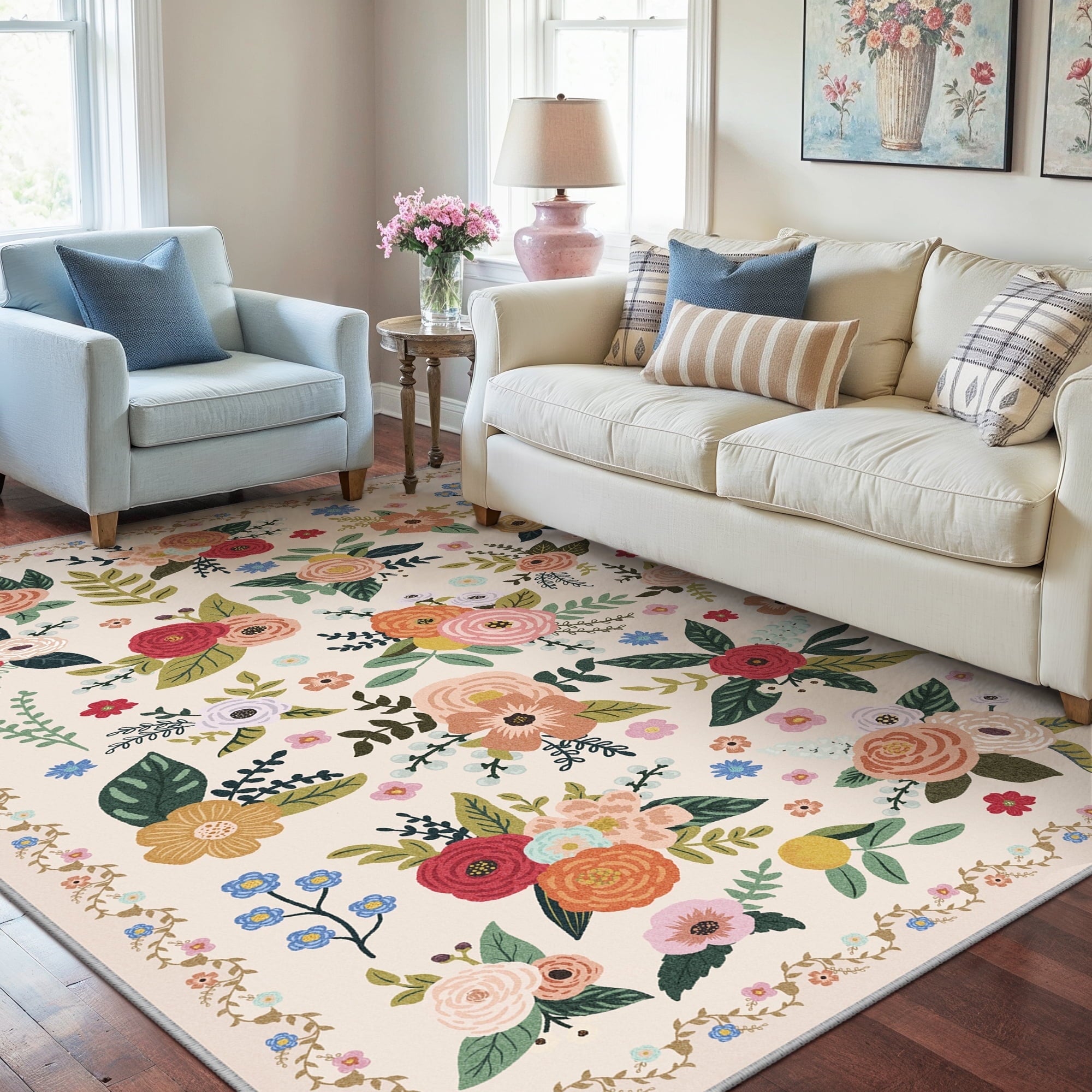 BERTHMEER Large 8'x10' Area Rugs for Living Room Rugs for Bedroom Kitchen Office Rugs Vintage Green Floral Carpets Machine Washable Farmhouse Dining Room Oriental Flower Non Slip Rugs, Multicolor