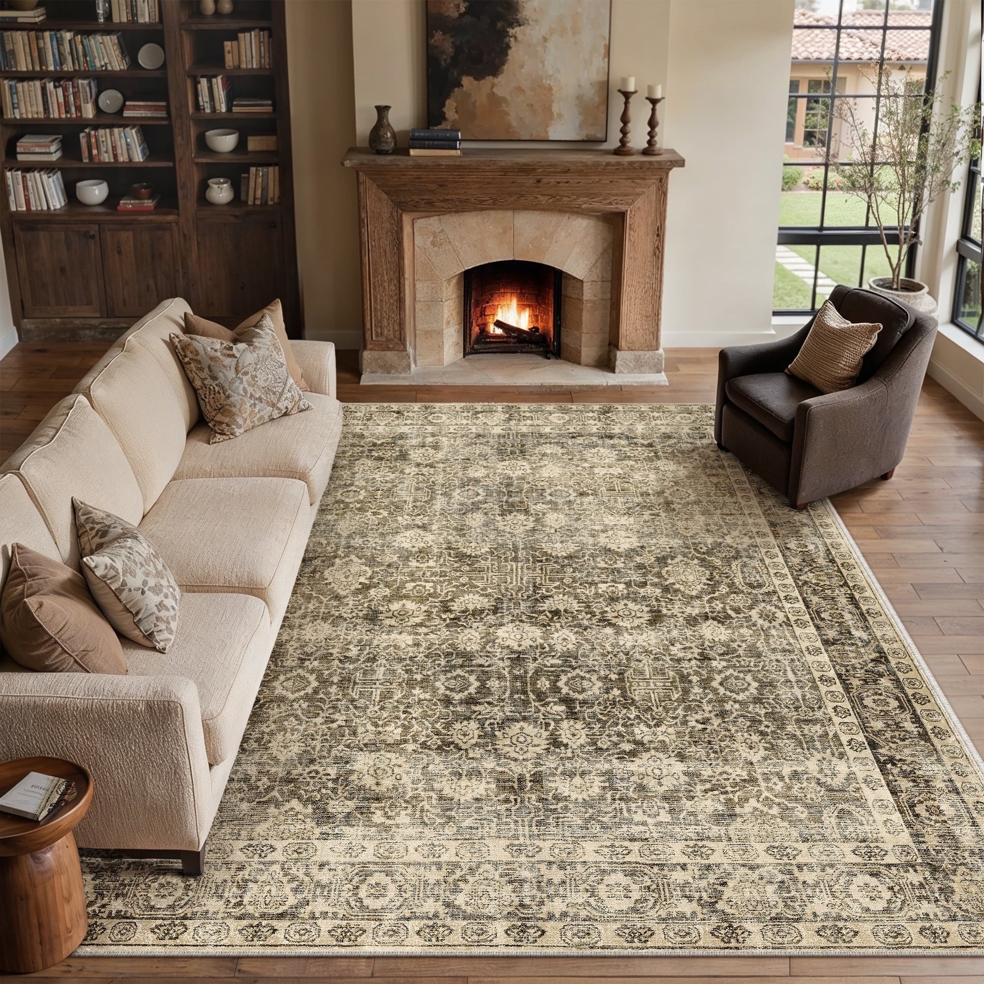 BERTHMEER 8'x10' Area Rugs for Living Room Vintage Brown Carpets for Bedroom Office Machine Washable Large Farmhouse Dining Room Oriental Rugs Non Slip Traditional Distressed Rugs