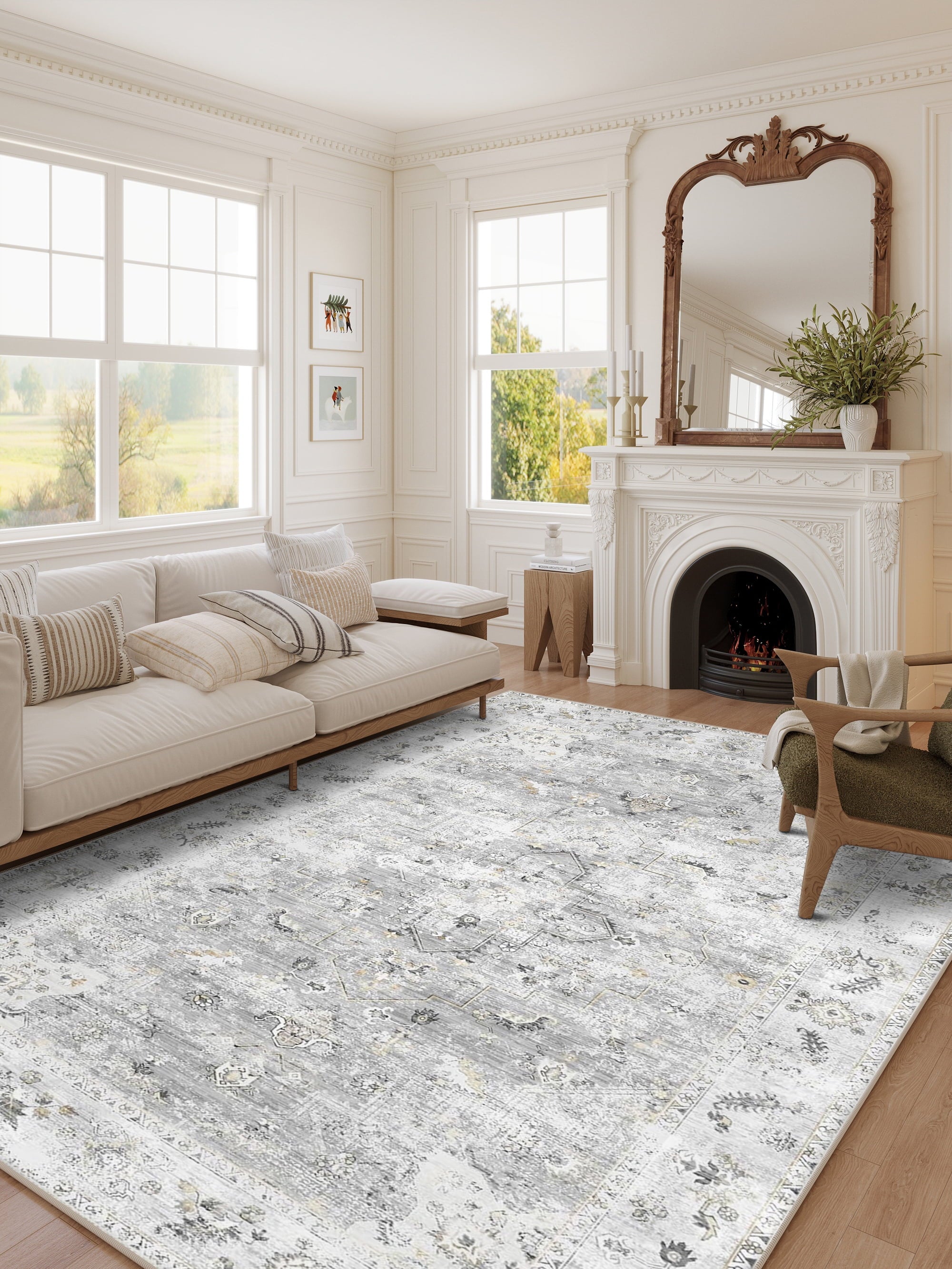 BERTHMEER 8'x10' Washable Large Area Rugs indoor Vintage Oriental Distressed Rugs Carpets for Living Room Bedroom Dining Room Office Throw Rugs Non-slip, Gray