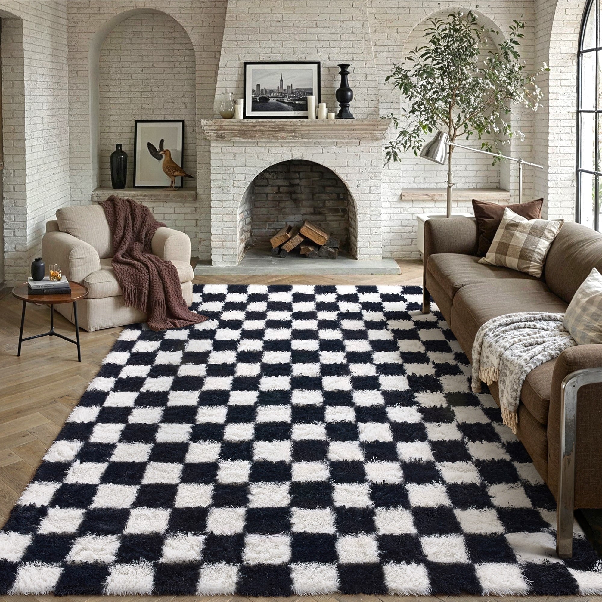 BERTHMEER 8'x10' Shag Ultra-Soft Area Rugs，Fluffy Rugs Carpets for Living Room Bedroom High-Plie Soft Checkered Rugs, Black White