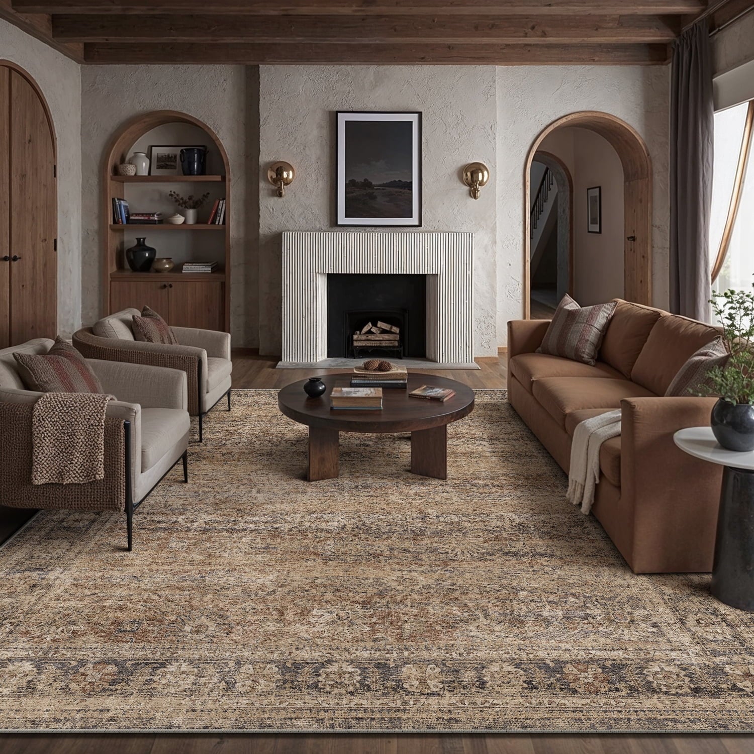 BERTHMEER 8'x10' Area Rugs for Living Room Bedroom Office Dining Room Farmhouse Large Brown Rugs Vintage Oriental Traditional Distressed Non Slip Washable Rugs Carpets