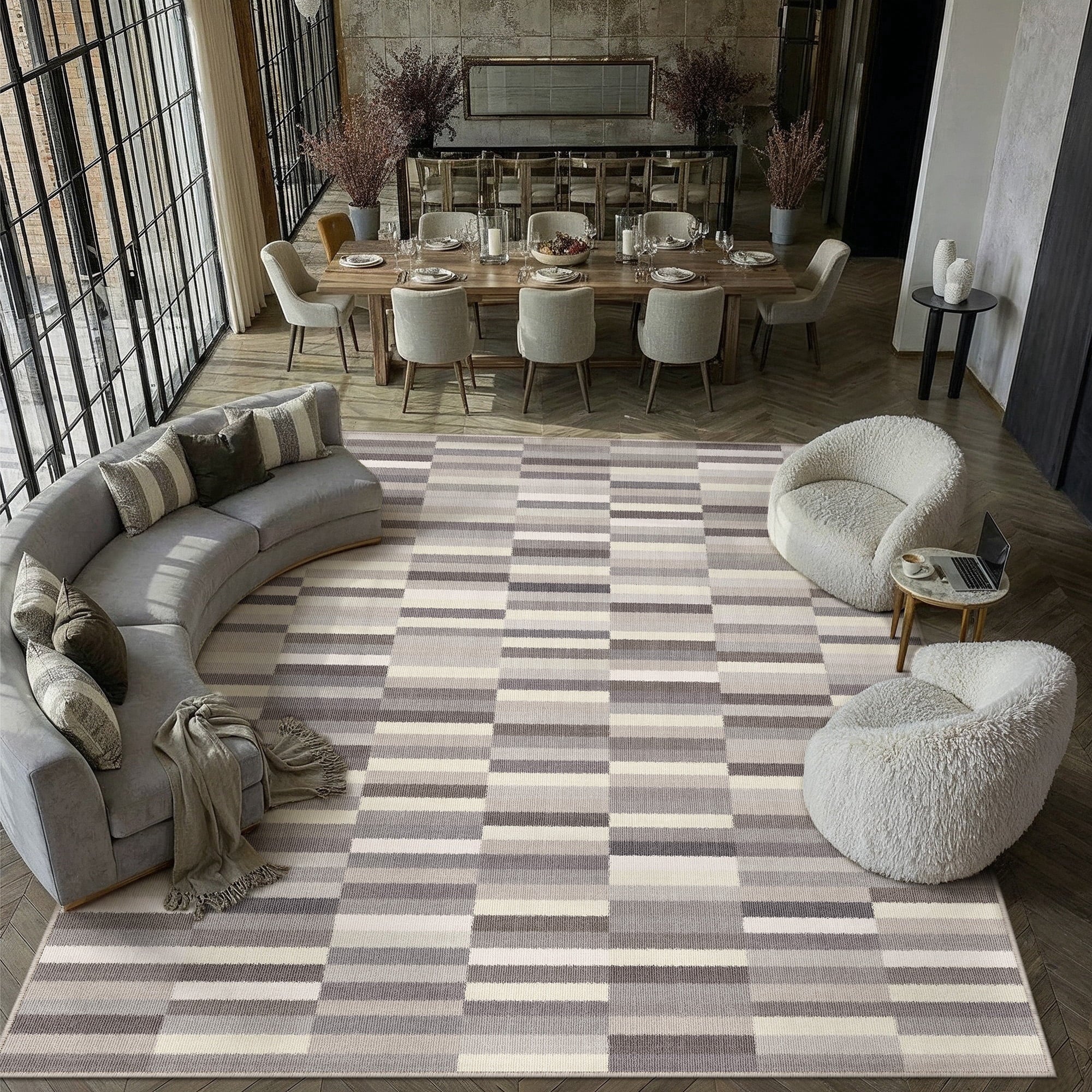 BERTHMEER 5'x7' Area Rugs for Living Room Light Brown Beige Rugs for Bedroom Kitchen Non Slip Washable Modern Contemporary Geometric Carpets Home Office Dorm Dining Room Striped Pattern Throw Rugs