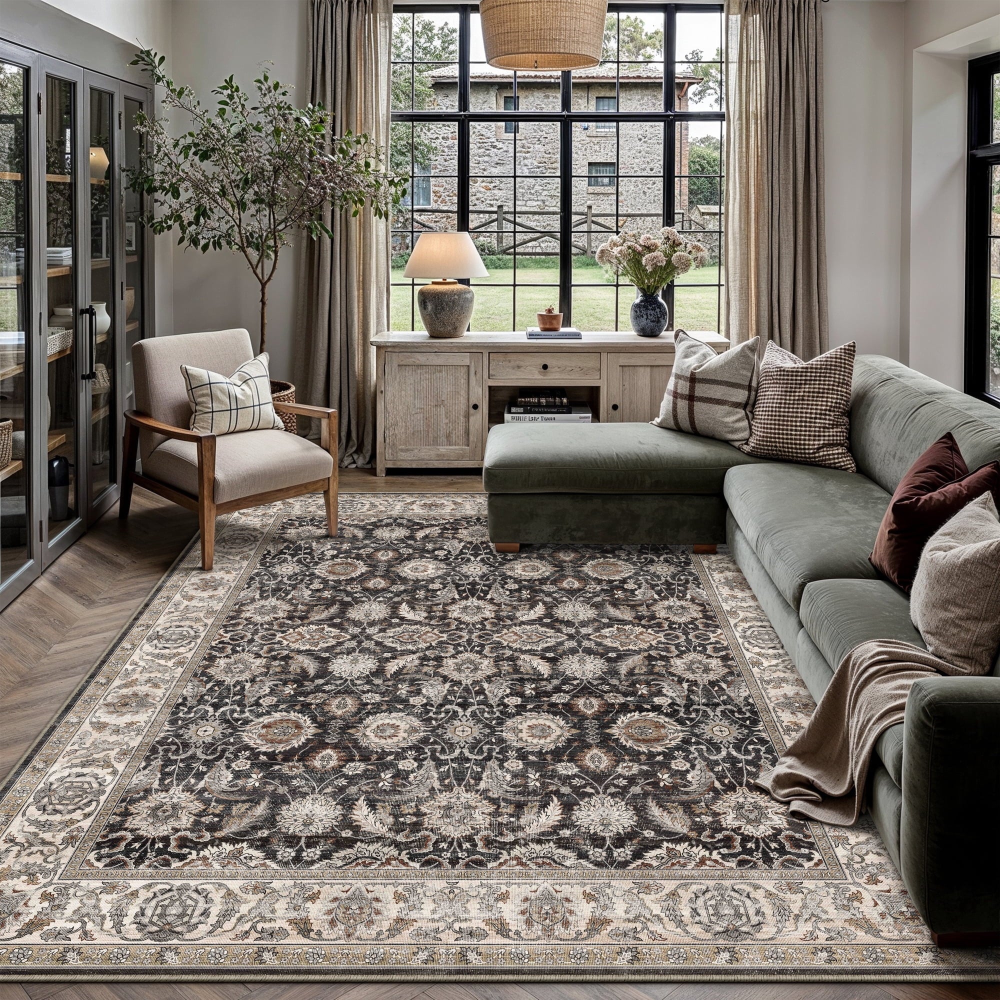 BERTHMEER 8'x10' Area Rugs for Living Room Vintage Brown Carpets for Bedroom Office Machine Washable Large Farmhouse Dining Room Oriental Rugs Non Slip Traditional Distressed Rugs