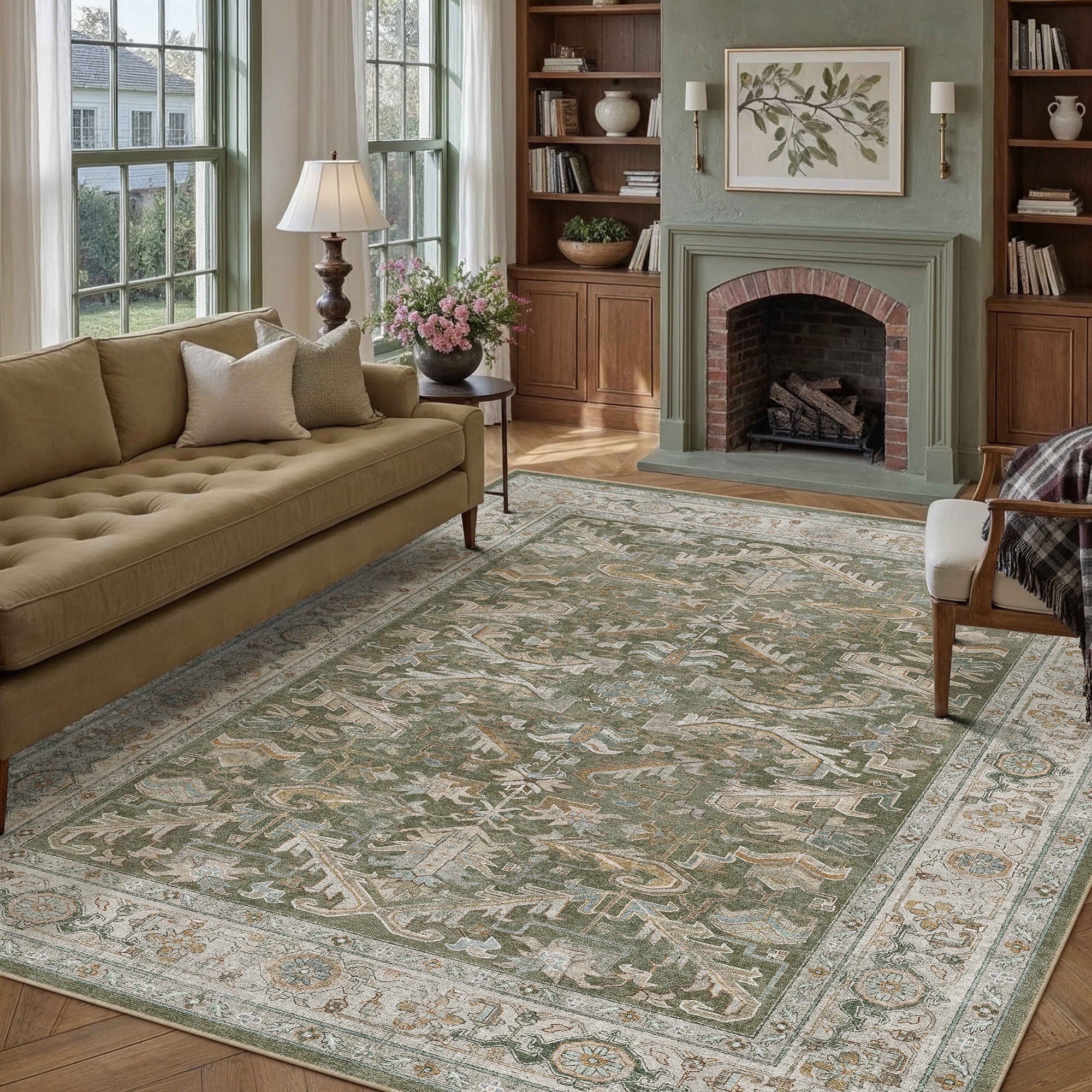 BERTHMEER 8'x10' Area Rugs for Living Room Bedroom Vintage Brown Carpets Kitchen Office Machine Washable Farmhouse Dining Room Oriental Rugs Non Slip Traditional Distressed Rugs