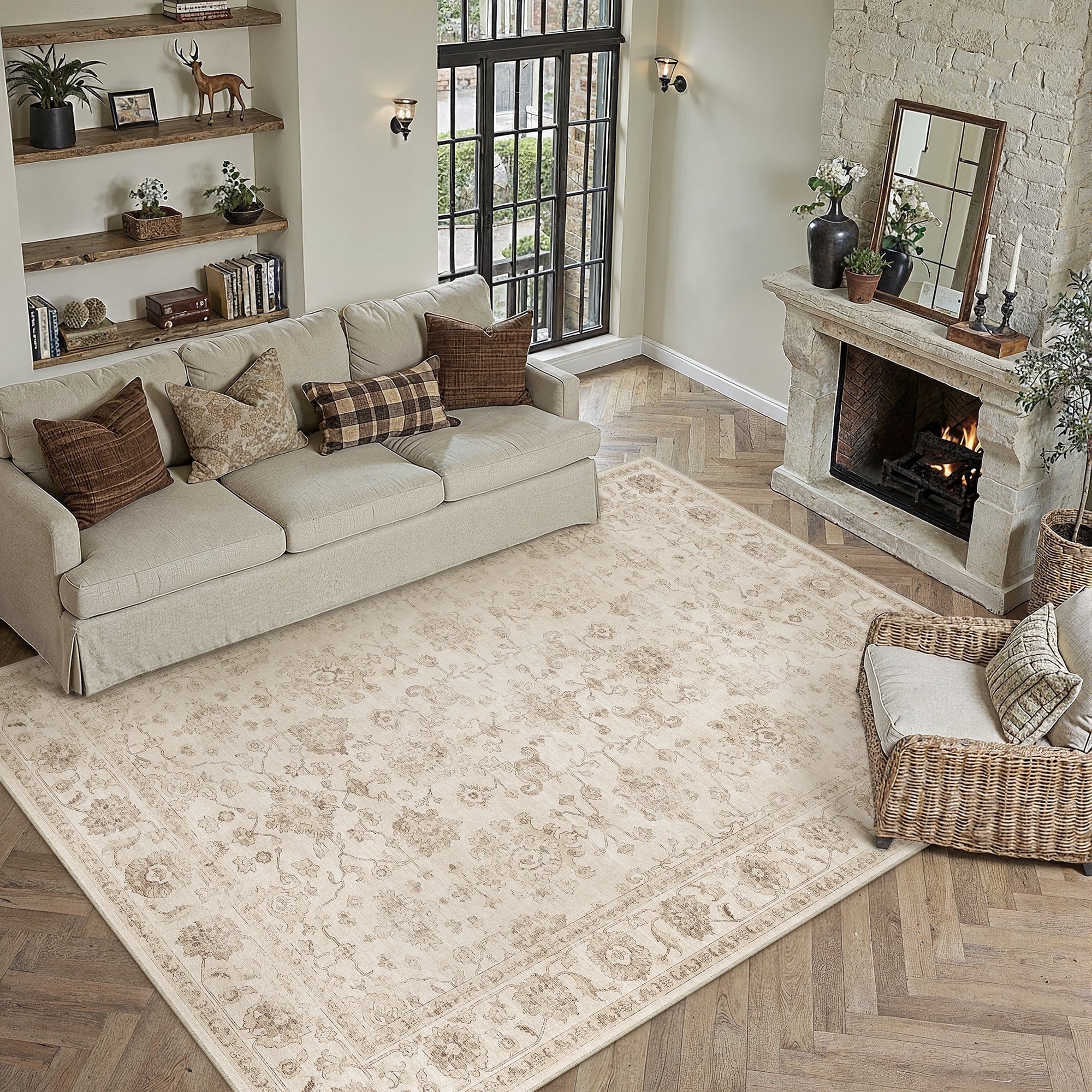 BERTHMEER 8'x10' Area Rugs for Living Room Vintage Brown Carpets for Bedroom Office Machine Washable Large Farmhouse Dining Room Oriental Rugs Non Slip Traditional Distressed Rugs