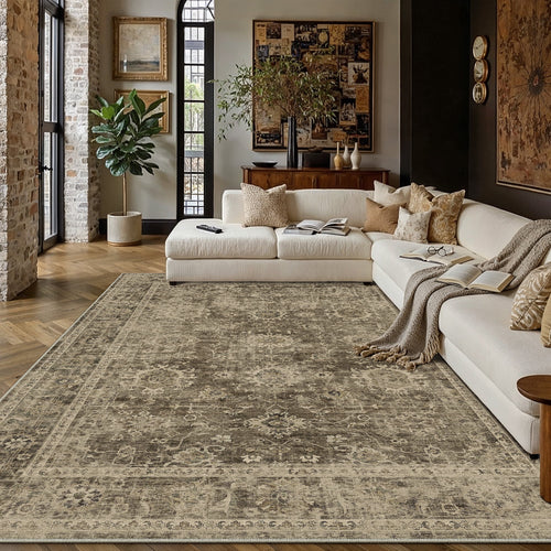 BERTHMEER 8'x10' Area Rugs for Living Room Vintage Brown Carpets for Bedroom Office Machine Washable Large Farmhouse Dining Room Oriental Rugs Non Slip Traditional Distressed Rugs