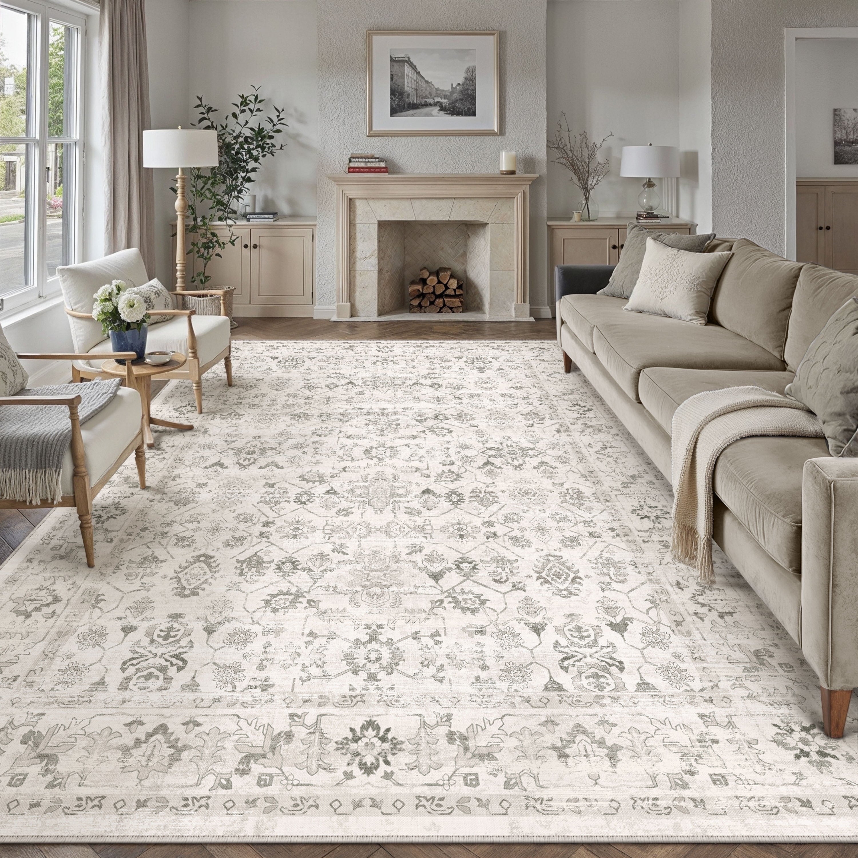 BERTHMEER 8'x10' Area Rugs for Living Room Bedroom Vintage Brown Carpets Kitchen Office Machine Washable Farmhouse Dining Room Oriental Rugs Non Slip Traditional Distressed Rugs