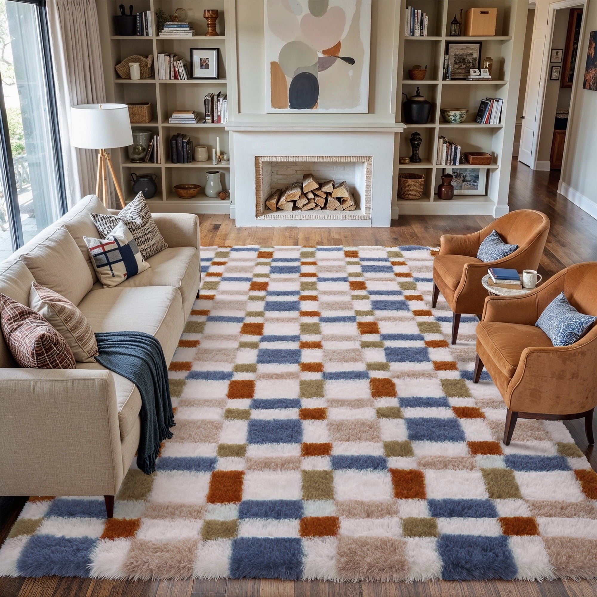 BERTHMEER 8'x10' Checkered Rug for Living Room, Modern Colorful Checkerboard Shag Rug Non-Slip Large Area Rug Soft Indoor Fluffy Rugs for Bedroom Carpet Home Dorm Aesthetic Decor
