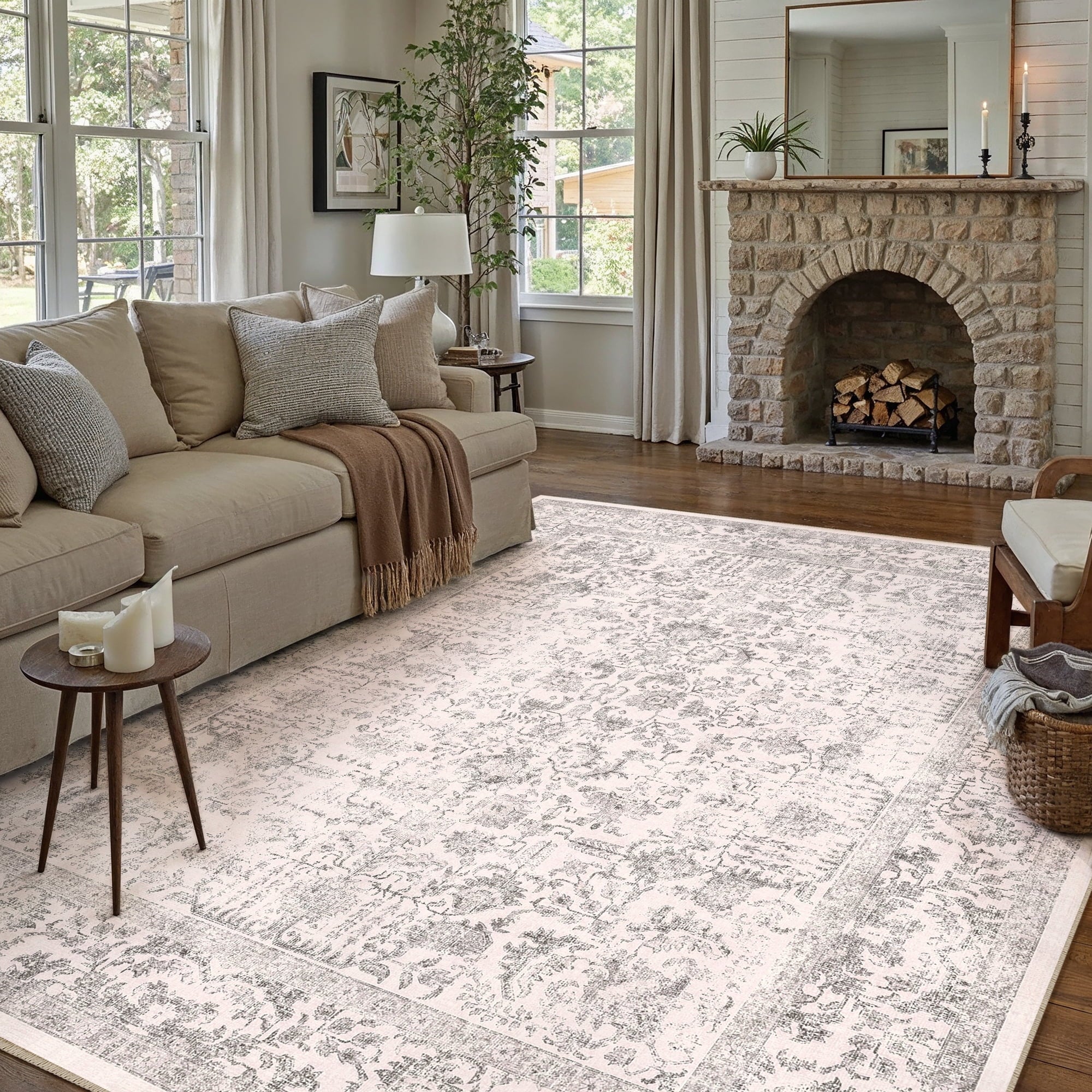 BERTHMEER 8'x10' Washable Large Area Rugs indoor Vintage Oriental Distressed Rugs Carpets for Living Room Bedroom Dining Room Office Throw Rugs Non-slip, Gray