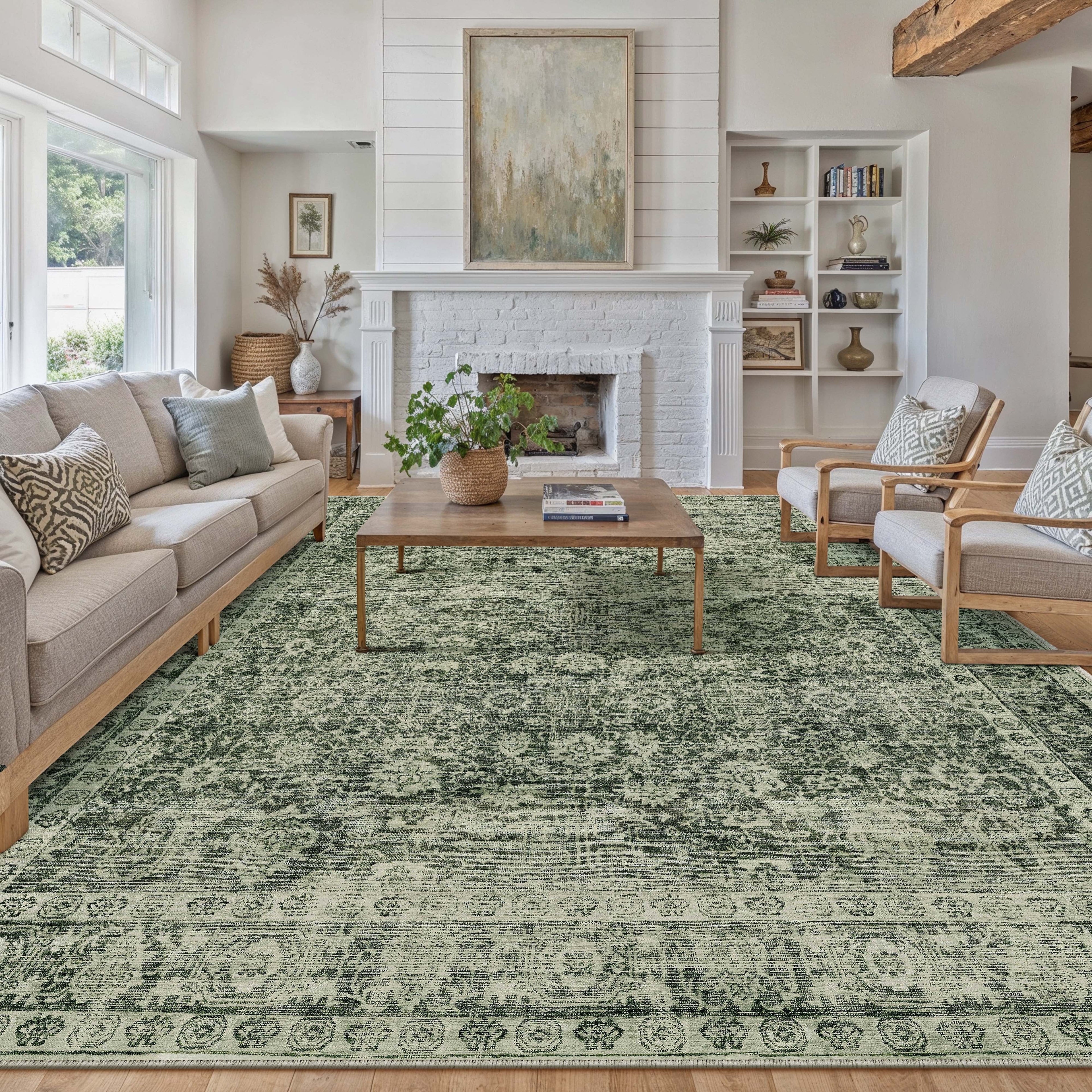 BERTHMEER 9'x12' Area Rugs for Living Room Rugs for Bedroom Green Vintage Non Slip Washable Large Farmhouse Office Dining Room Oriental Traditional Distressed Carpets