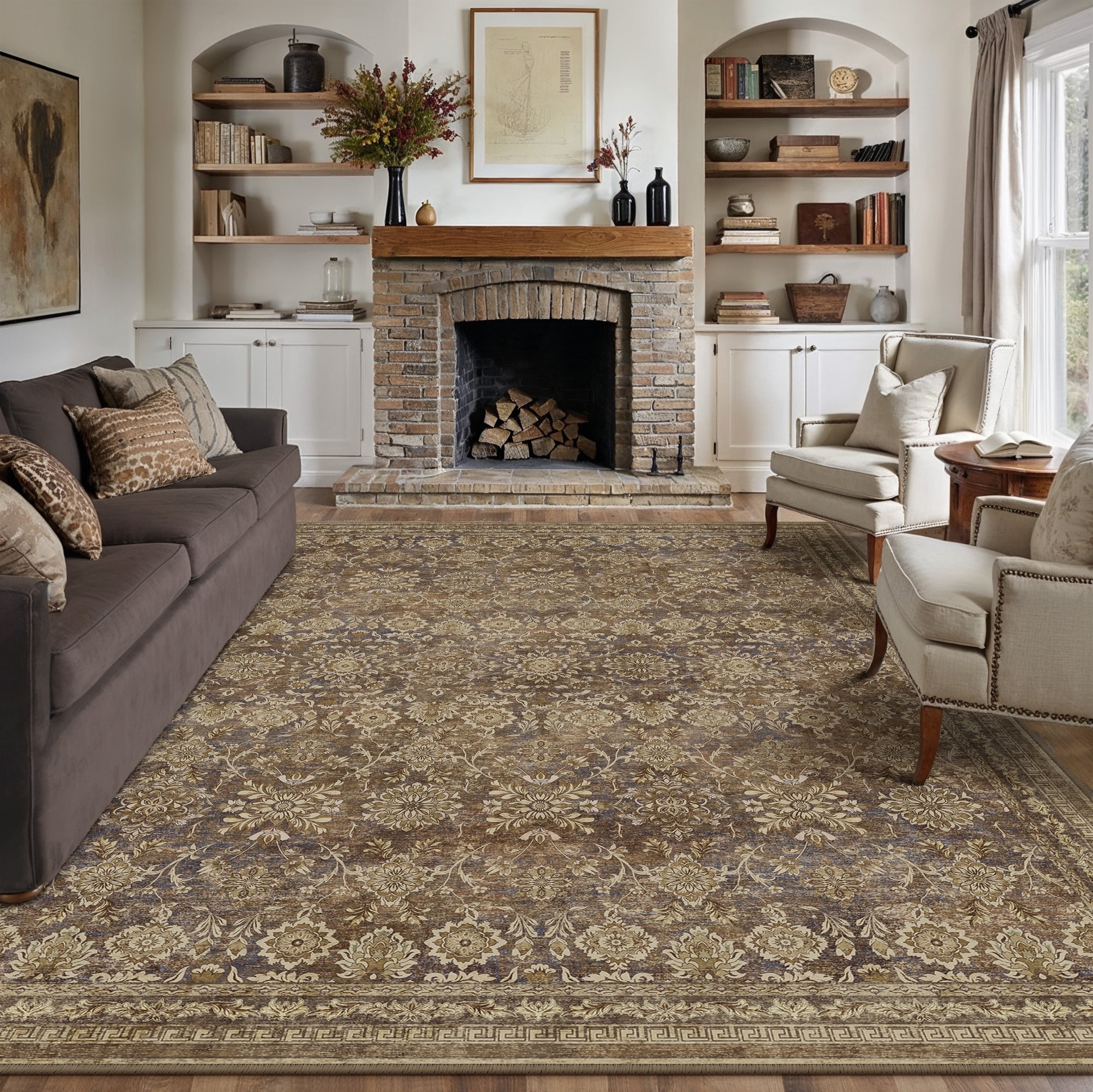 BERTHMEER 8'x10' Area Rugs for Living Room Vintage Brown Rugs for Bedroom Home Office Machine Washable Large Farmhouse Dining Room Oriental Rugs Non Slip Traditional Distressed Carpets