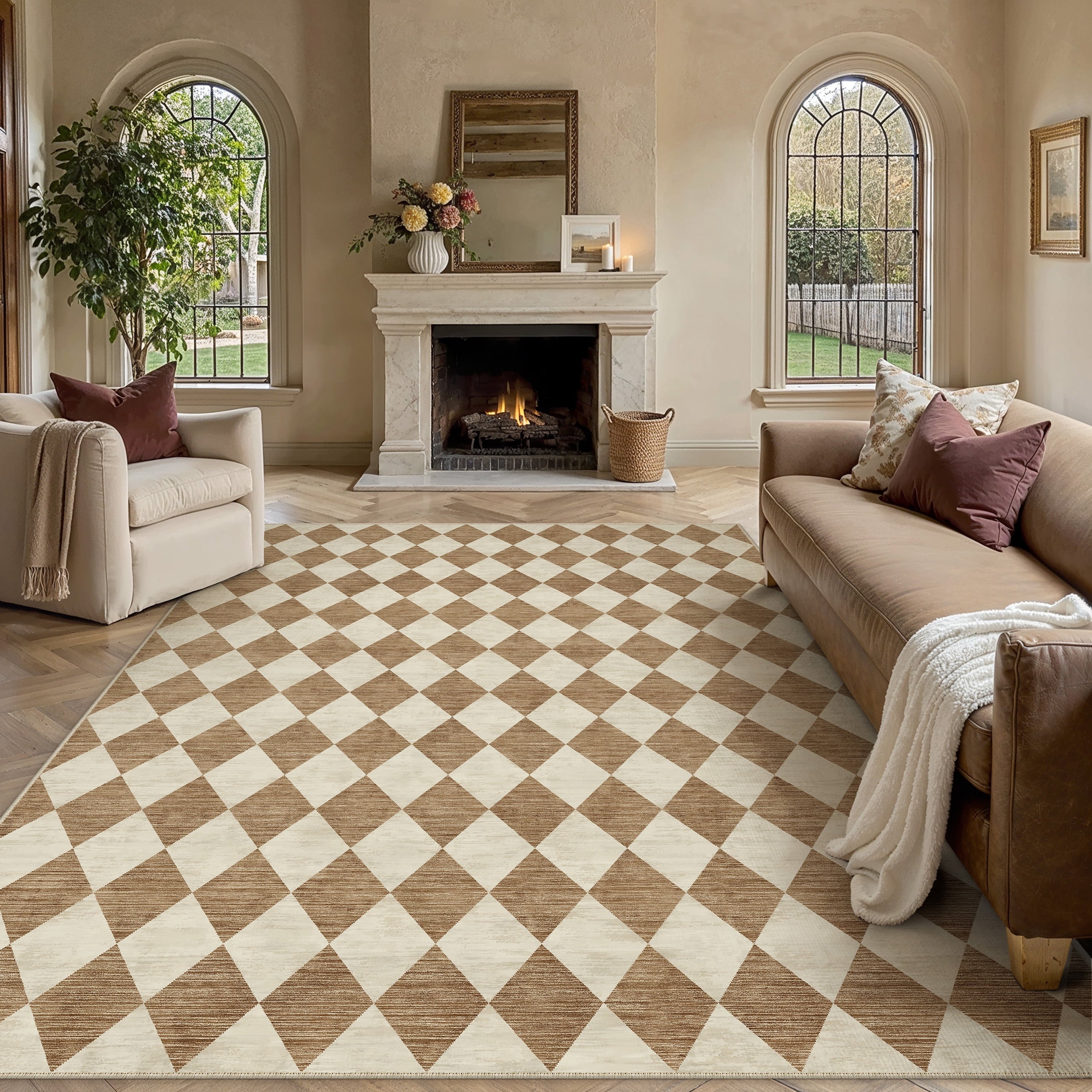 BERTHMEER 2'x6' Rhombus Checkered Runner Rugs for Hallway Entryway Bathroom Bedroom Kitchen Non Slip Washable Geometric Modern Contemporary Runner Rugs,Beige