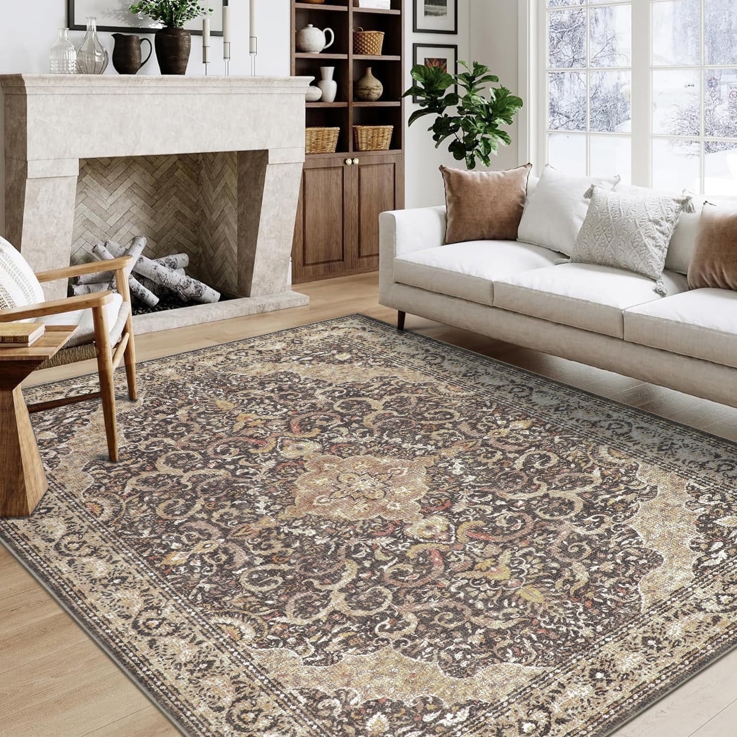 BERTHMEER 8'x10' Area Rugs for Living Room Bedroom Vintage Brown Carpets Kitchen Office Machine Washable Farmhouse Dining Room Oriental Rugs Non Slip Traditional Distressed Rugs