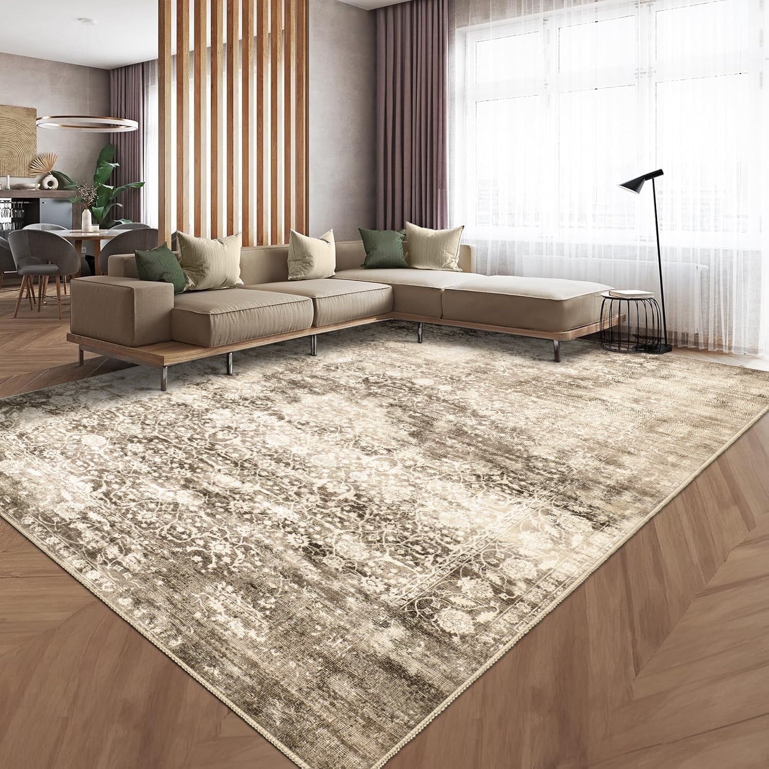 BERTHMEER 5'x7' Area Rugs for Living Room Light Brown Beige Rugs for Bedroom Kitchen Non Slip Washable Modern Contemporary Geometric Carpets Home Office Dorm Dining Room Striped Pattern Throw Rugs