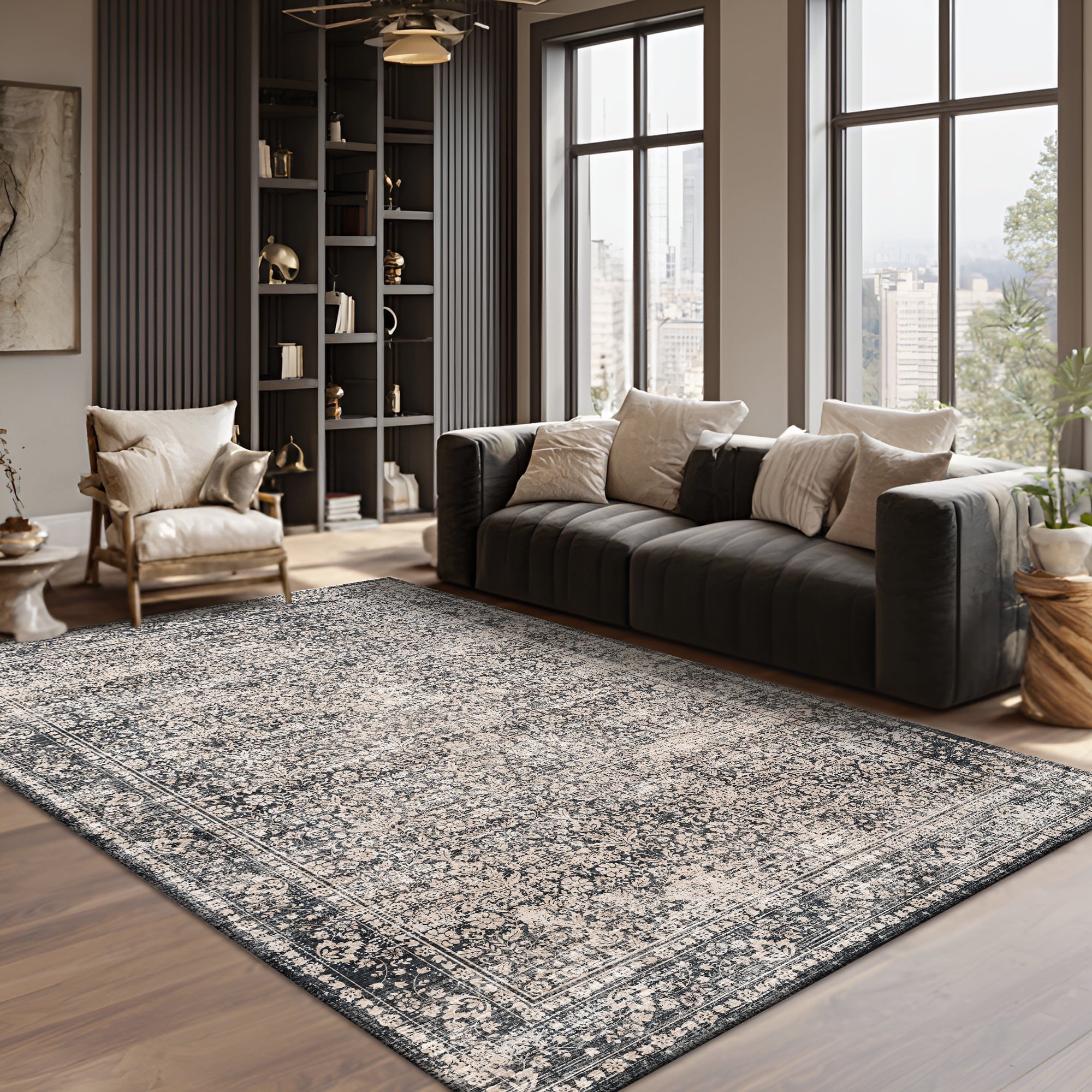 Pentantan 5'x7' Area Rugs, Washable Vintage Boho Rugs for Living Room, Retro Soft Indoor Carpet for Bedroom, Dining Room, Office, Black