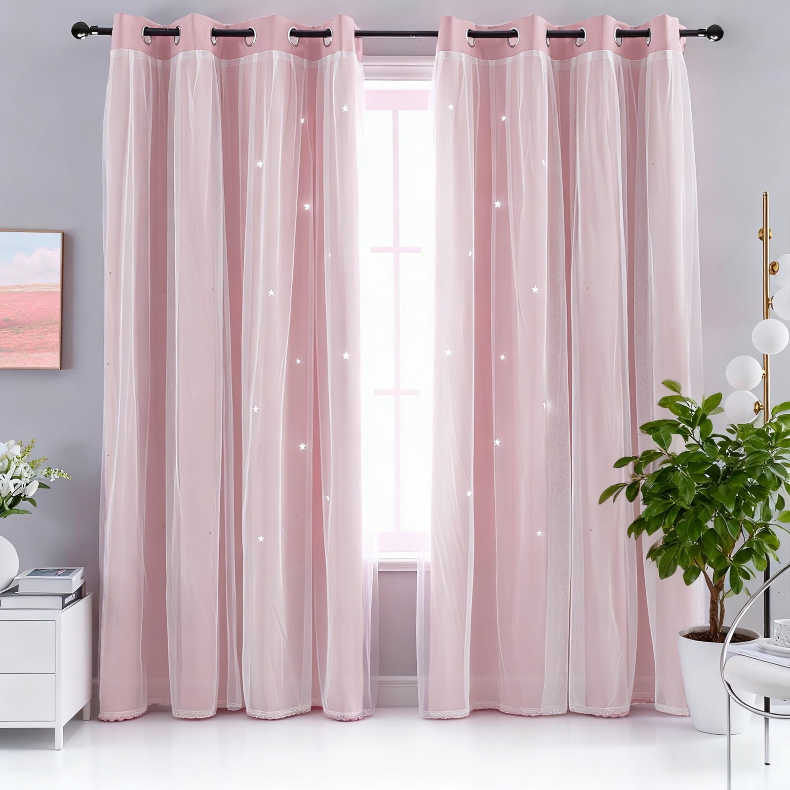 CshidWorld Blackout Curtains for Girls Kids Bedroom, Colorful Double Layer Star Cut Out Curtains for Girls Room Nursery Home Decor, 52''x 84'', 2 Panels