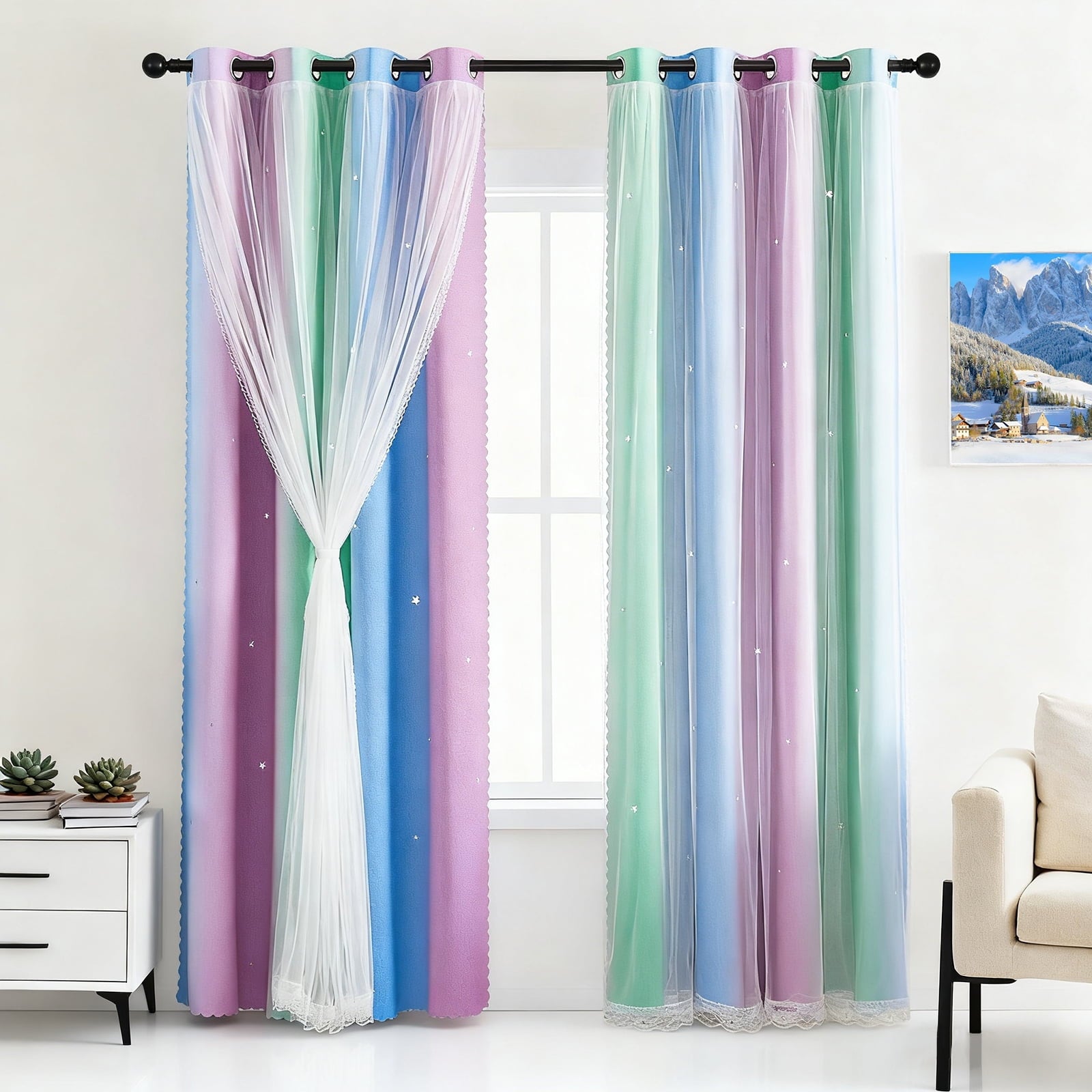 CshidWorld Blackout Curtains for Girls Kids Bedroom, Colorful Double Layer Star Cut Out Curtains for Girls Room Nursery Home Decor, 52''x 84'', 2 Panels