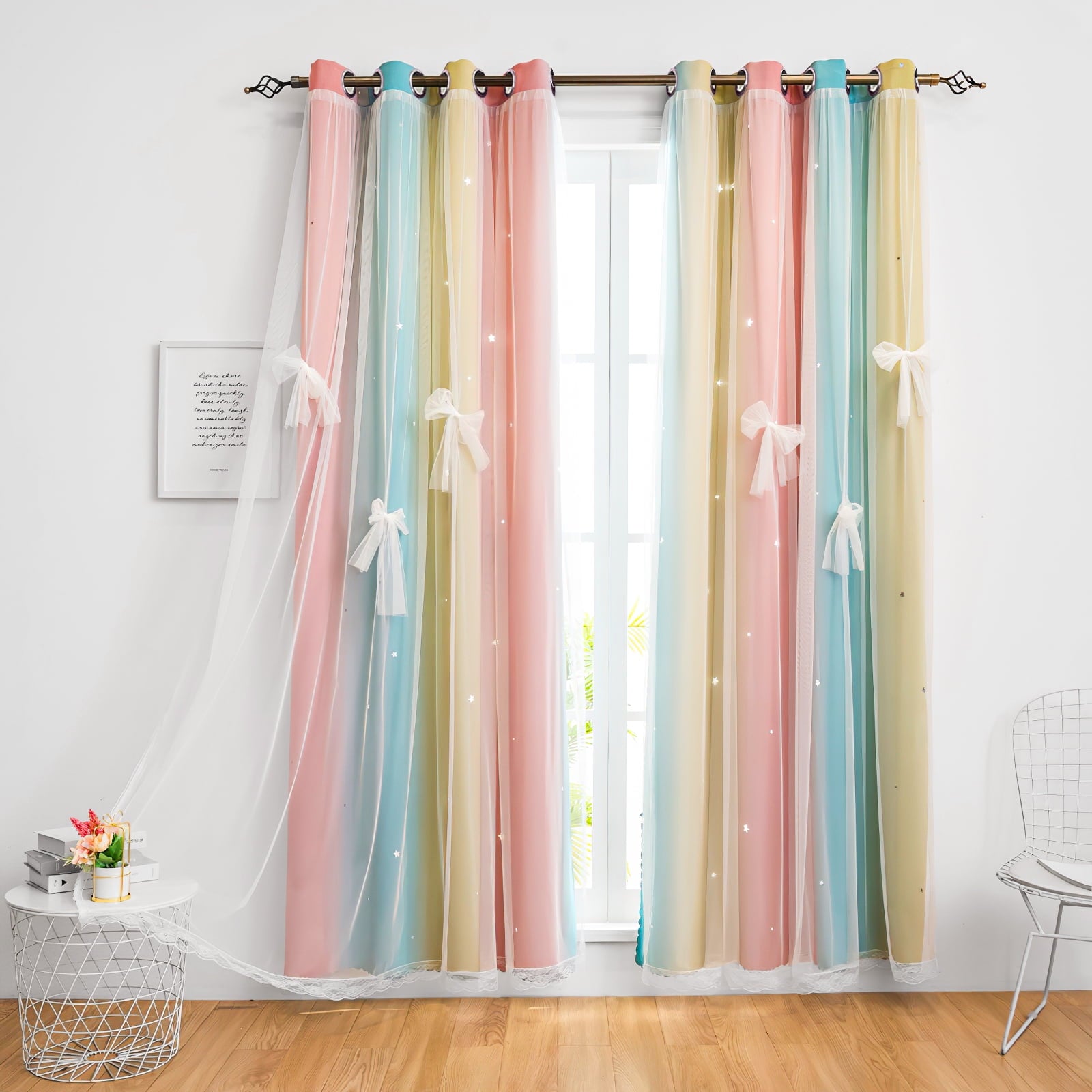 CshidWorld Blackout Curtains for Girls Kids Bedroom, Colorful Double Layer Star Cut Out Curtains for Girls Room Nursery Home Decor, 52''x 84'', 2 Panels