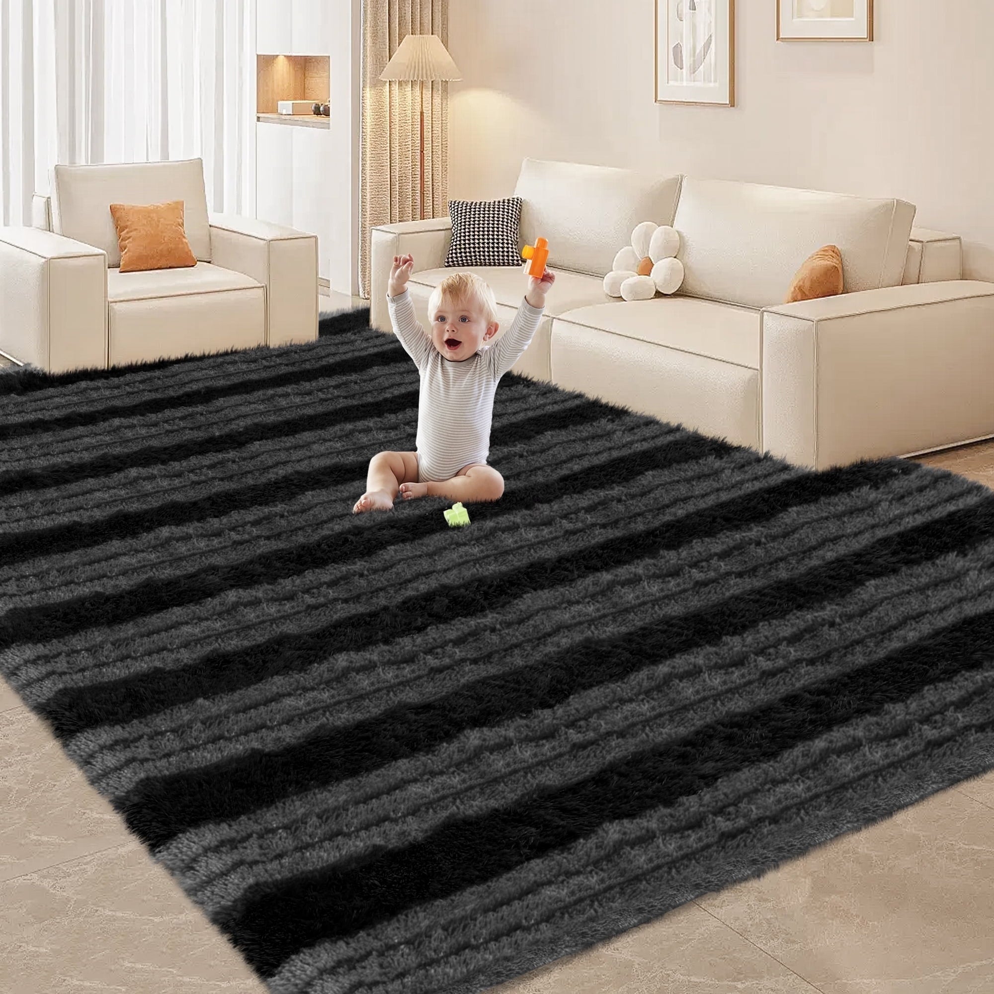 CozyDesg Soft Area Rugs for Living Room Bedroom,Large Rug Fluffy Fuzzy Shag Shaggy Soft Plush Carpet,Indoor Floor Carpet for Dining Room Home Decor,Black & White