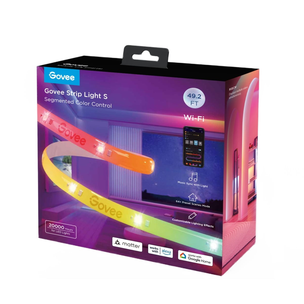 Govee RGBICW Wi-Fi LED Strip Light, 49.2ft, Smart App Control, Multicolor for Bedroom & TV Backlight